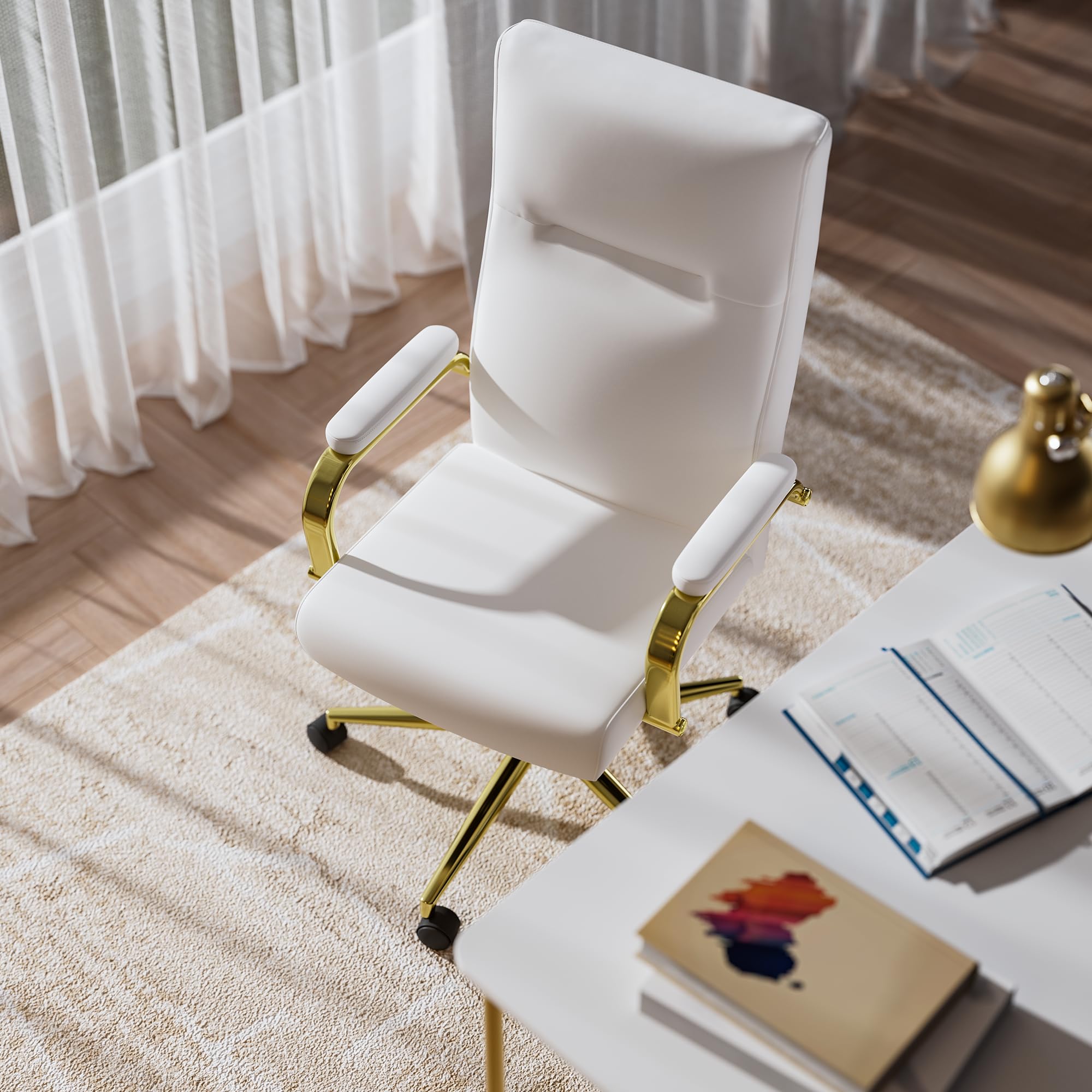 White and Gold Memory Foam Office Chair - Ergonomic Leather Computer Desk Chair with Wheels & Adjustable Arms - High Back Executive Chair for Women - Perfect for Home Office, Gaming, and Workspaces
