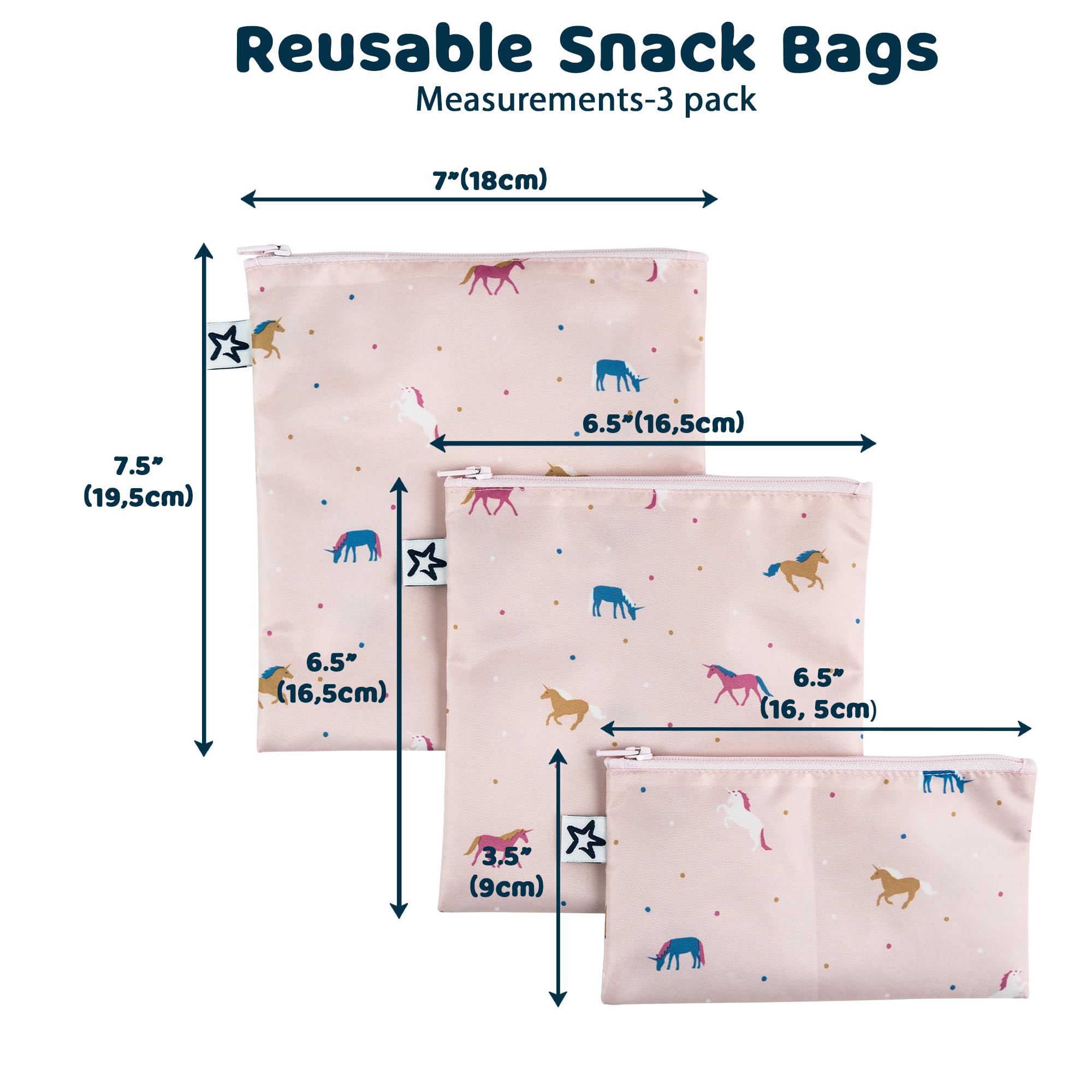 Tiny Twinkle 3-Pack Reusable Snack Bags | Eco-Friendly, PFAS/PVC/BPA/Phthalate-Free | Machine Washable Food Storage for Babies & Toddlers | Perfect for School Lunches, Picnics & On-the-Go Snacks (Unicorn Design)