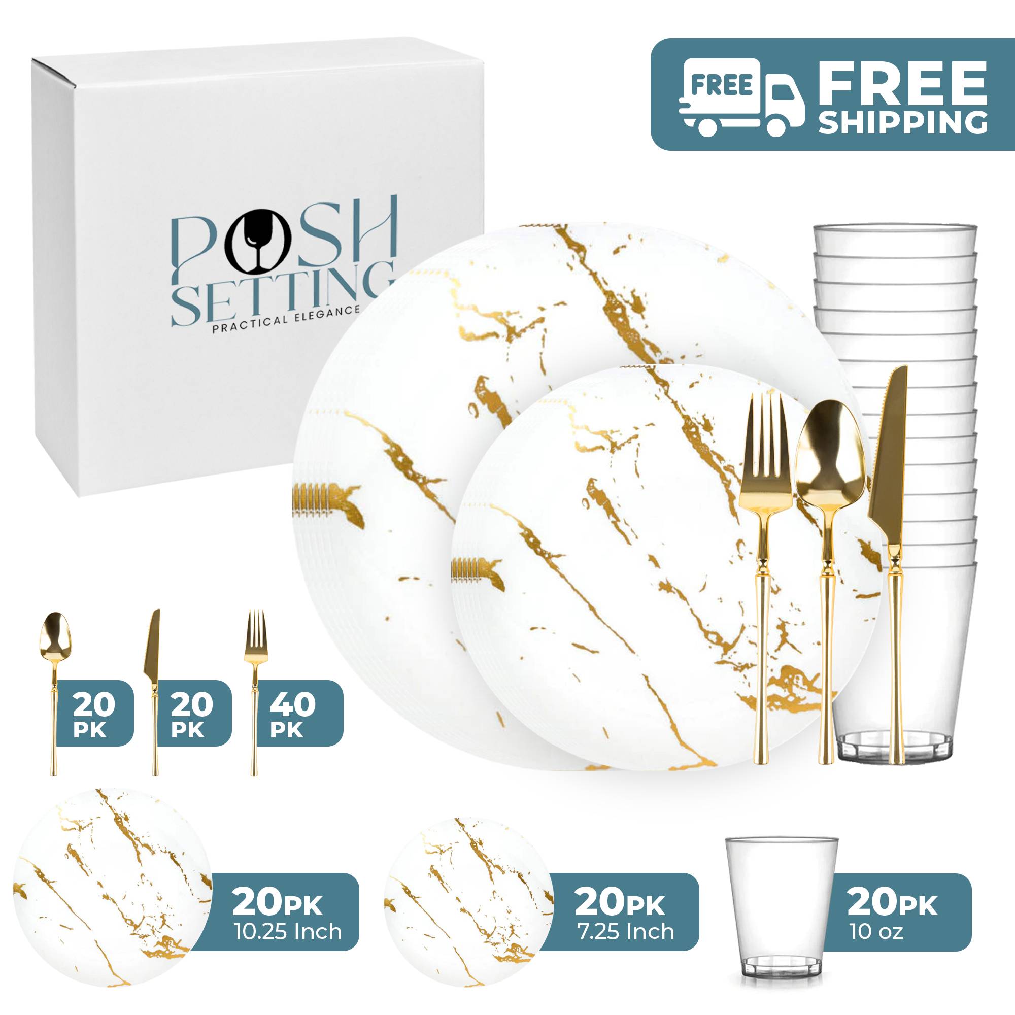 White and Gold Plastic Party Bundle - Elegant Disposable Tableware Set for Birthdays, Weddings & Events - Perfect for Celebrations, Gatherings & Special Occasions