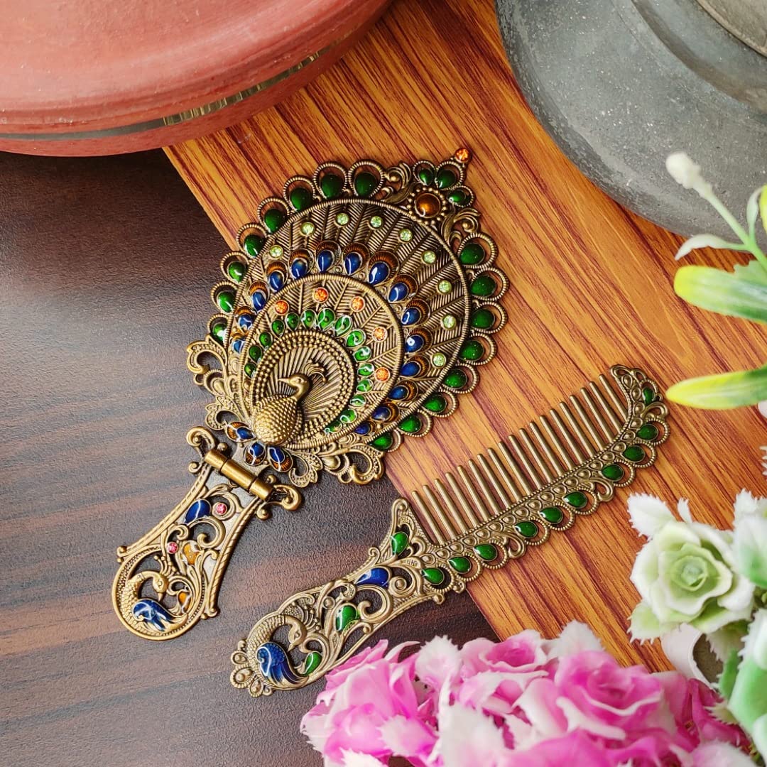 Vemlons Peacock Design Metal Mirror and Comb Set - Framed Oval Tabletop Vanity Mirror with Decorative Stand - Perfect for Dressing Table, Makeup, and Home Decor