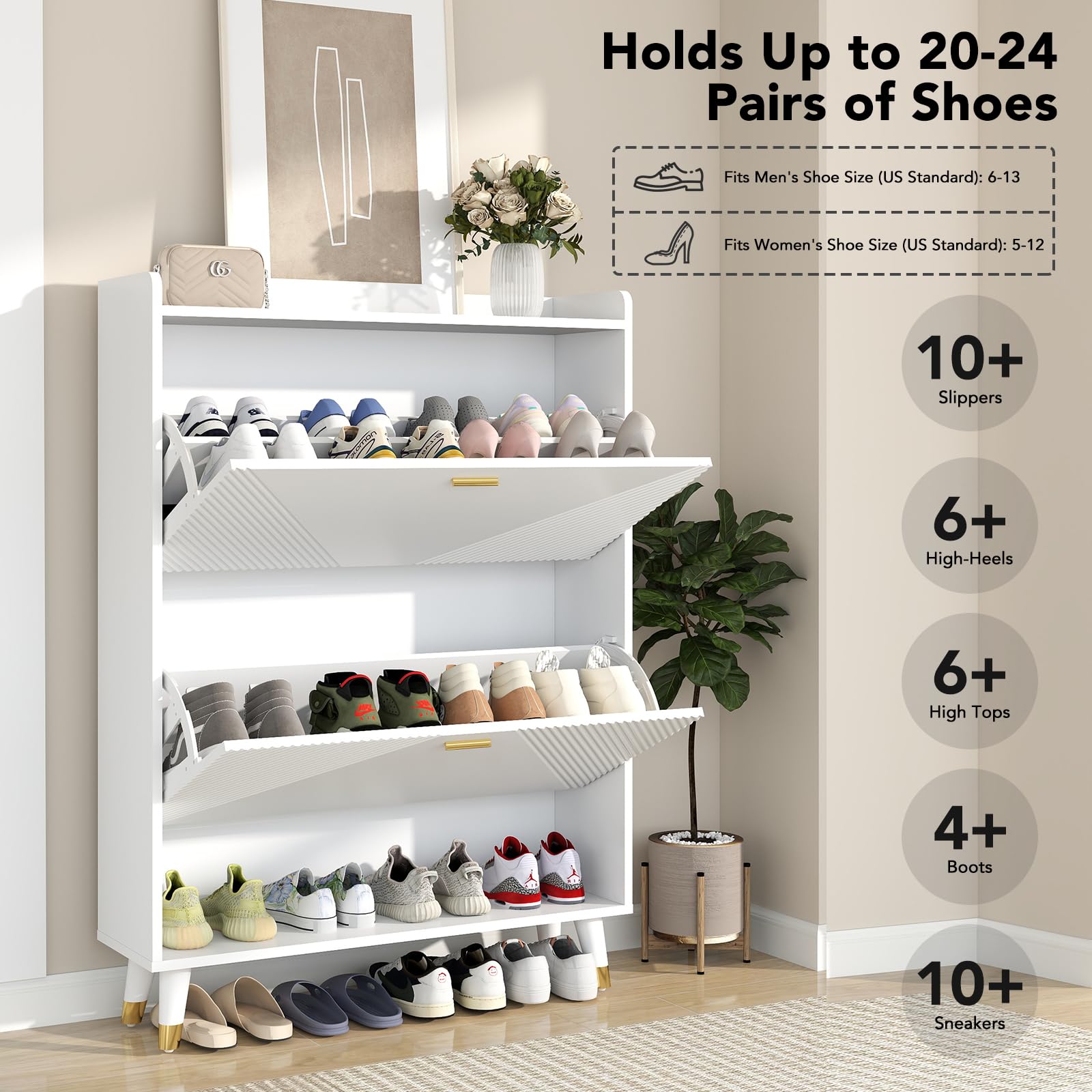 White Slim Wooden Shoe Storage Cabinet with 2 Flip Drawers - Freestanding Shoe Organizer with Cubby & Shelf for 24 Pairs - Perfect for Entryway, Hallway, Closet or Bedroom Organization