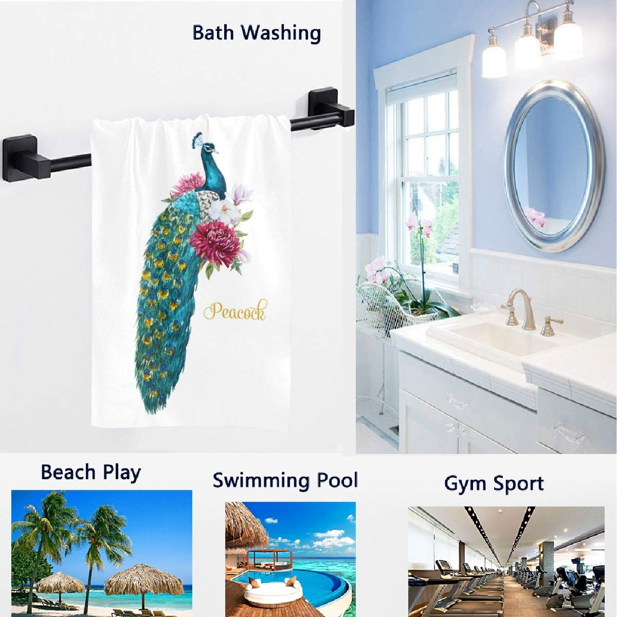 Elegant Peacock Floral Print Soft Large Bath Towels - 16x30 Inches, White - Perfect for Bathroom, Hotel, Gym & Spa Decor
