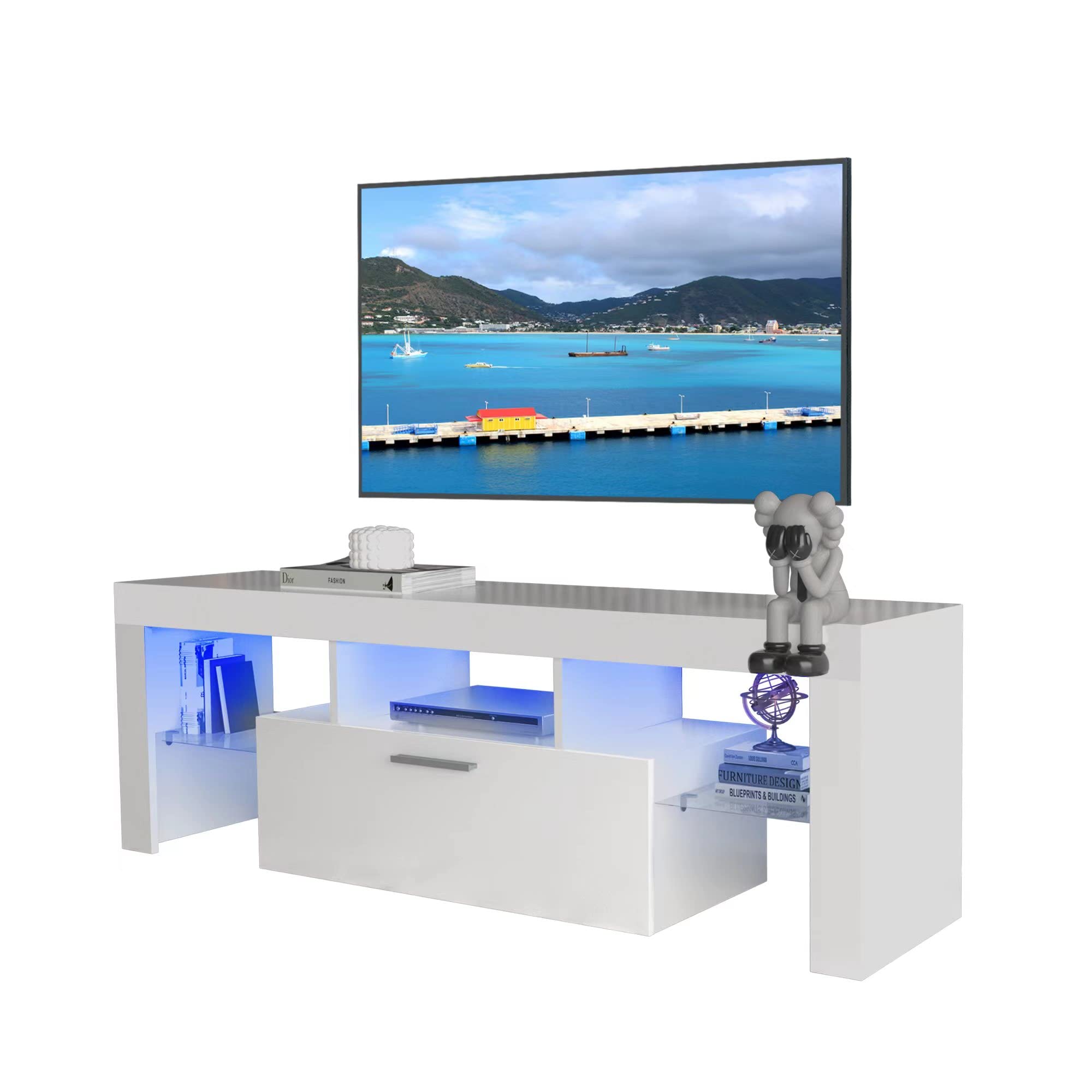 Modern LED TV Stand for 55-70 Inch TVs - Easy Assembly TV Entertainment Center with Storage Shelves & Doors - White TV Cabinet for Living Room & Bedroom - Perfect for Movie Nights & Home Decor