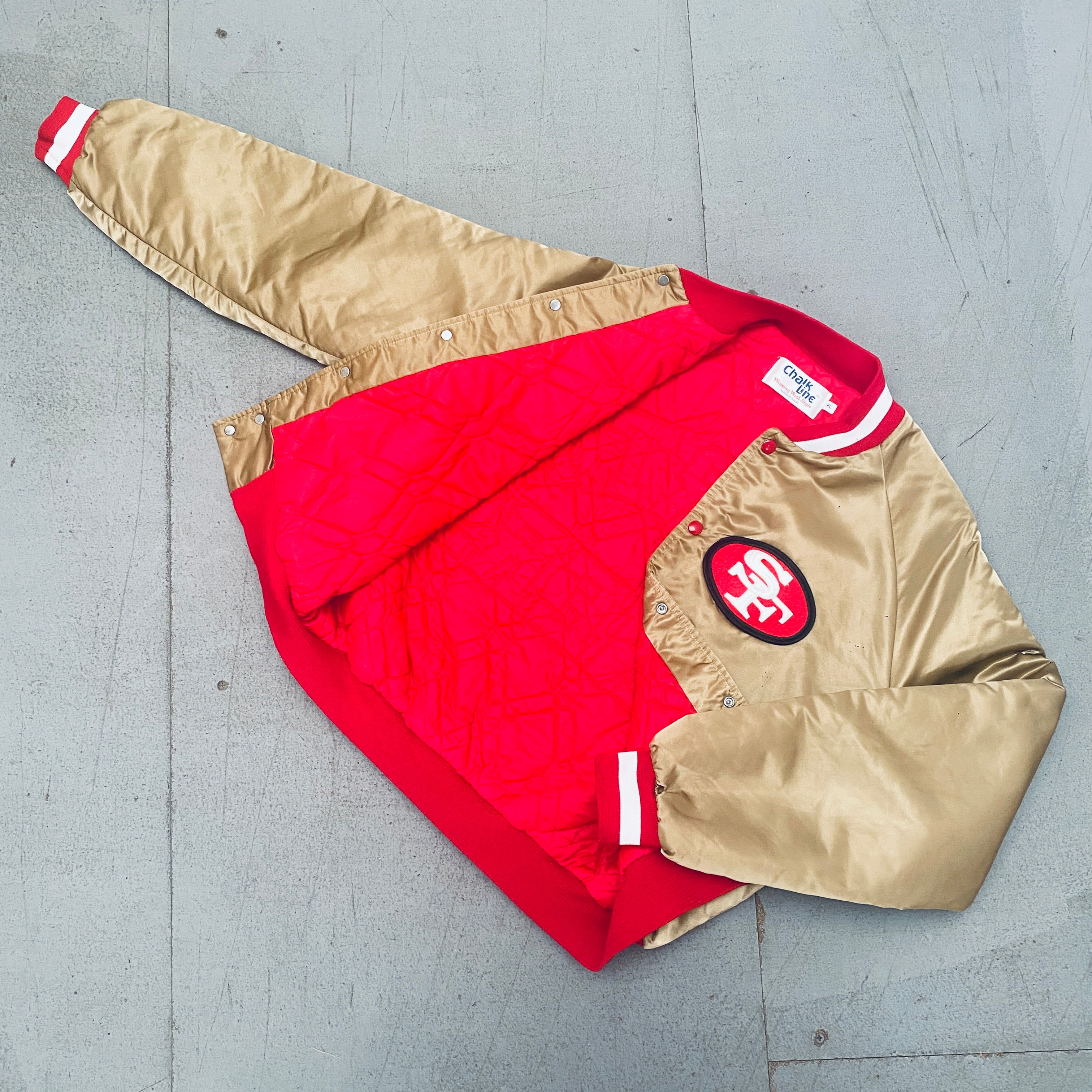 Vintage 1980s San Francisco 49ers Chalk Line Satin Bomber Jacket - Reverse Stitched Spellout Design (XL) | Perfect for NFL Game Days, Sports Events & Retro Fashion Outfits