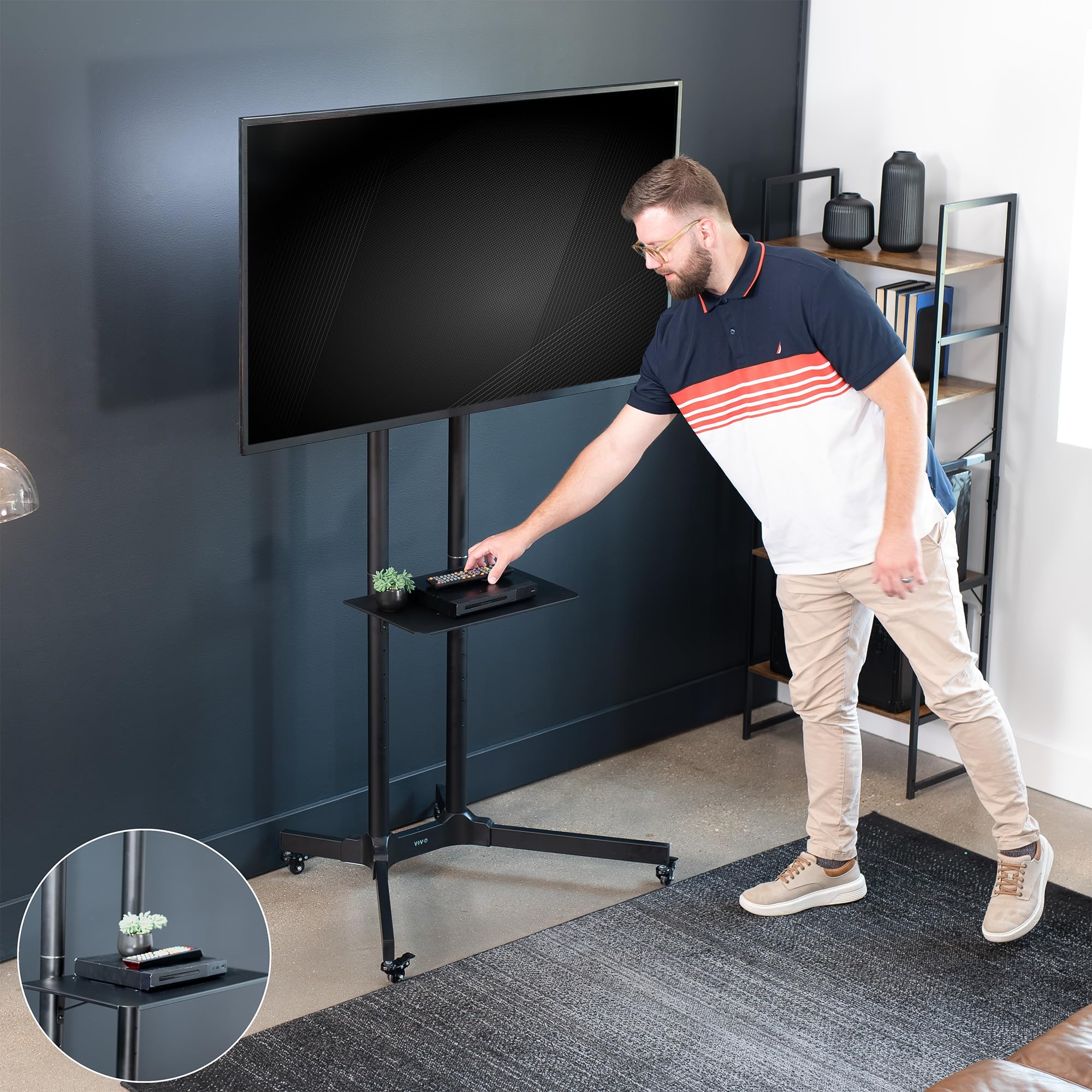 VIVO Mobile TV Stand Cart for 32 to 83 Inch Screens up to 110 lbs - Universal Rolling TV Mount for LCD LED OLED 4K Smart Flat & Curved TVs - Heavy Duty Stand with Laptop Shelf, DVD Storage & Locking Wheels - Max VESA 600x400 - Perfect for Living Room, Bedroom or Office (Black, Model STAND-TV03E)