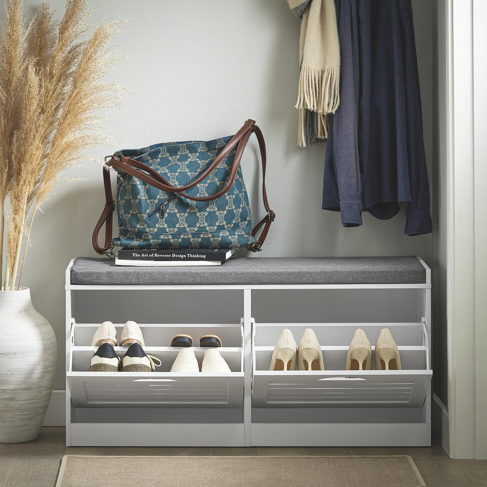 White Shoe Storage Bench with 2 Drawers & Padded Seat Cushion - Narrow Entryway Shoe Cabinet for Hallway, Mudroom & Window Seat - Perfect for Organizing Shoes, Hats & Seasonal Items by the Front Door