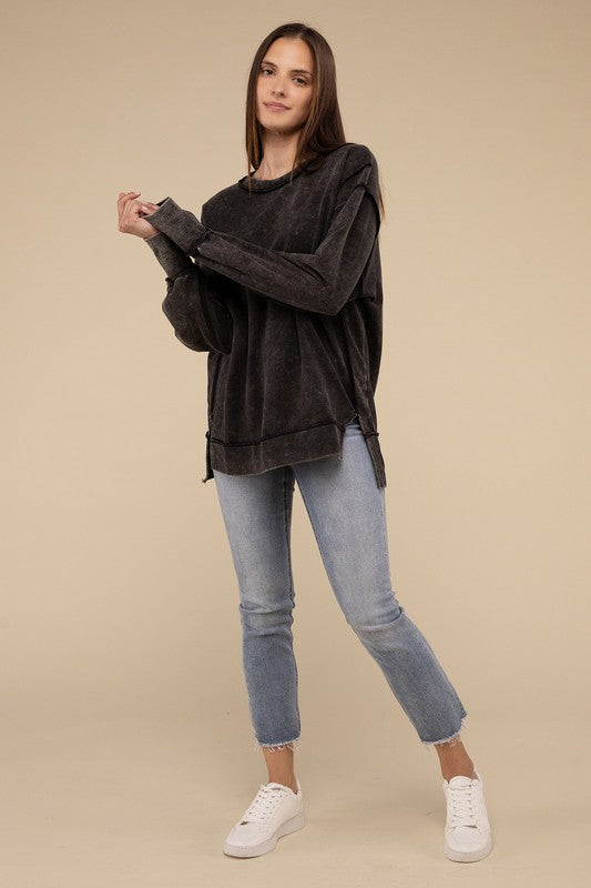 Acid Wash French Terry Exposed Seam Sweatshirt | Vintage Distressed Pullover | Casual Streetwear for Men & Women | Perfect for Fall Layering and Urban Fashion