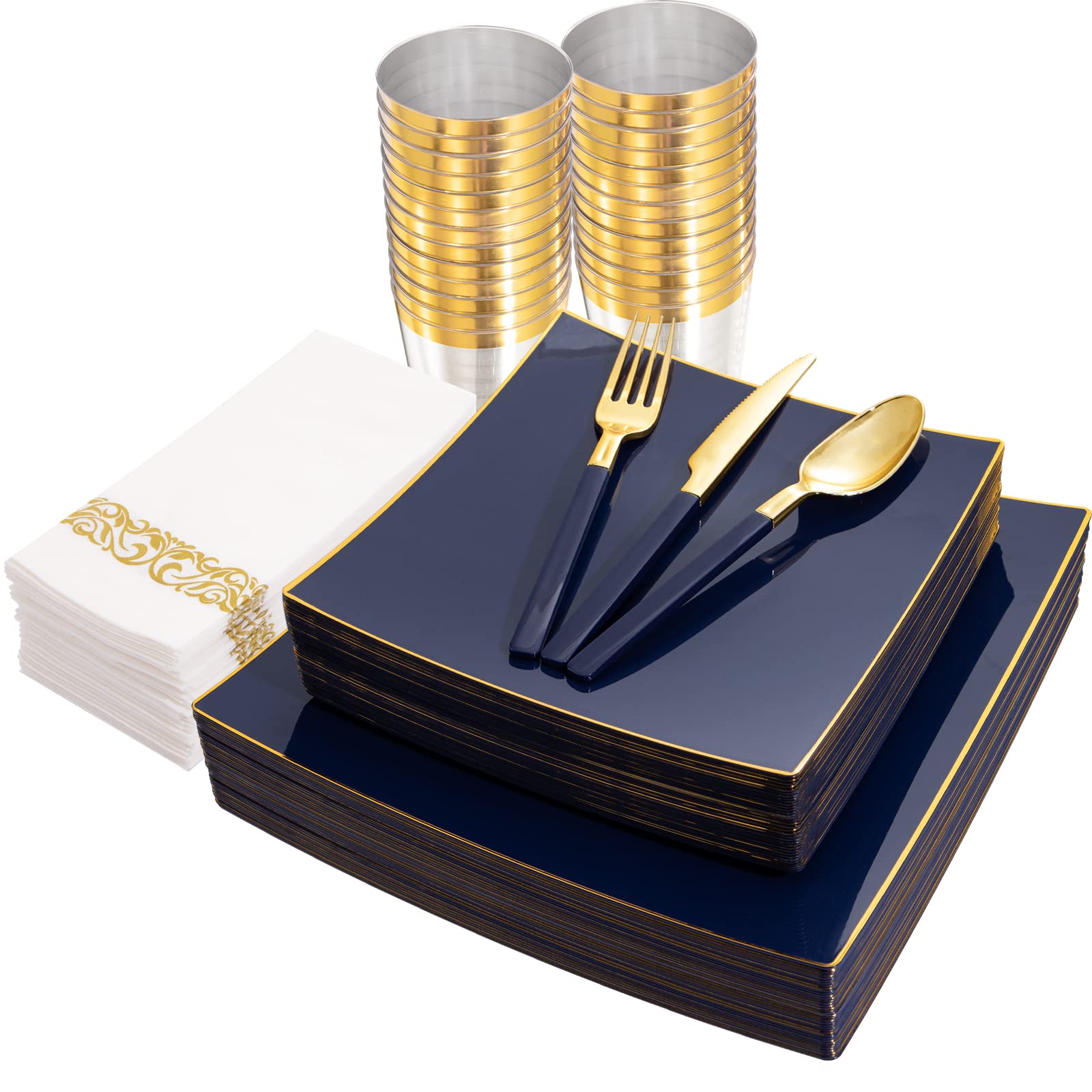 140-Piece Blue Plastic Dinnerware Set - Disposable Gold Square Plates, 20 Dinner Plates, 20 Dessert Plates, 20 Knives, 20 Forks, 20 Spoons, 20 Napkins & 20 Cups - Elegant Tableware for Weddings, Parties & Outdoor Events