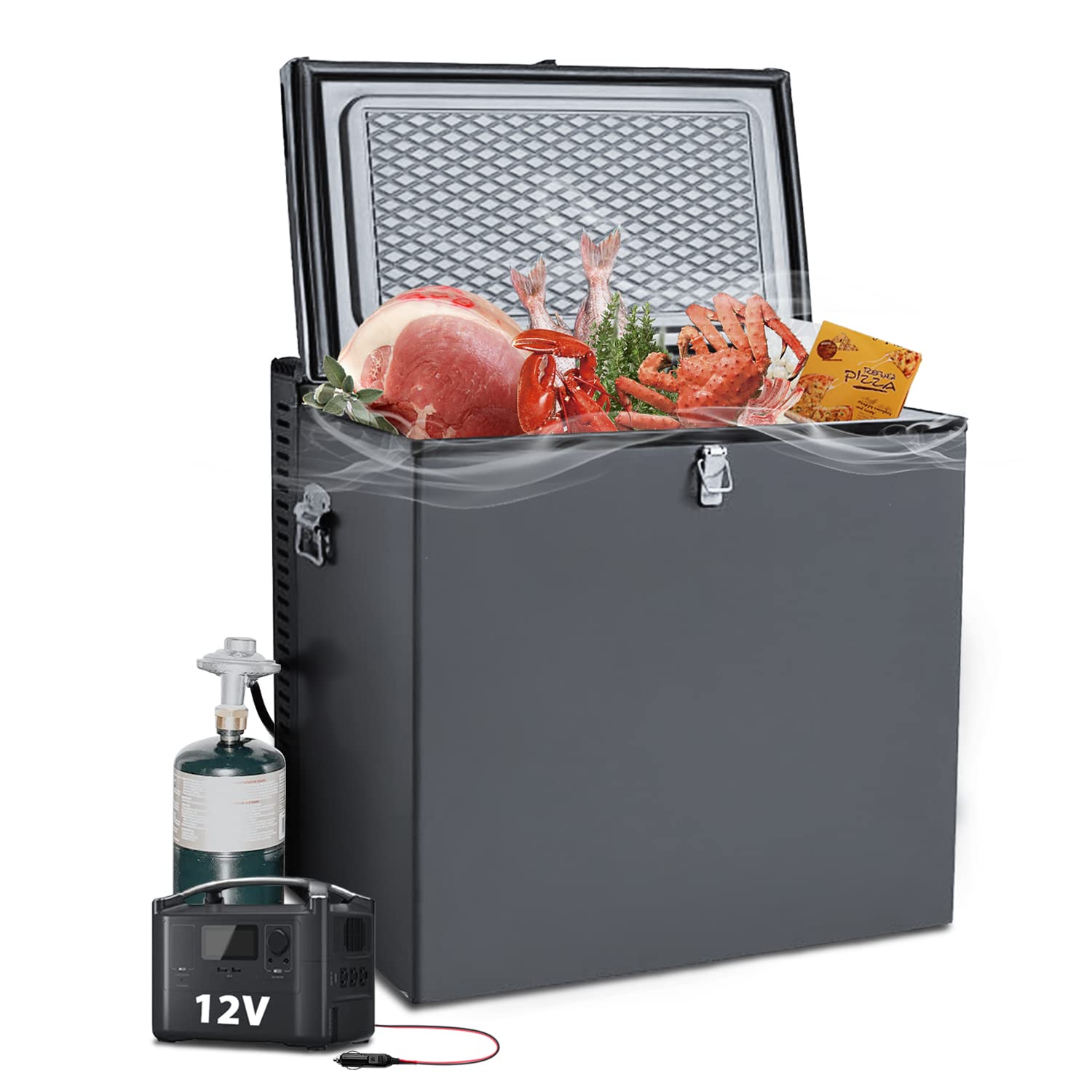 SMETA 2.4 Cu.Ft 3-Way Refrigerator - 12V DC/110V AC/LPG Propane Chest Freezer for Camping, RV, Off-Grid Living - Black Lockable Outdoor Freezer with Absorption Cooling System - Perfect for Solar Powered Homes, Garages & Outdoor Adventures
