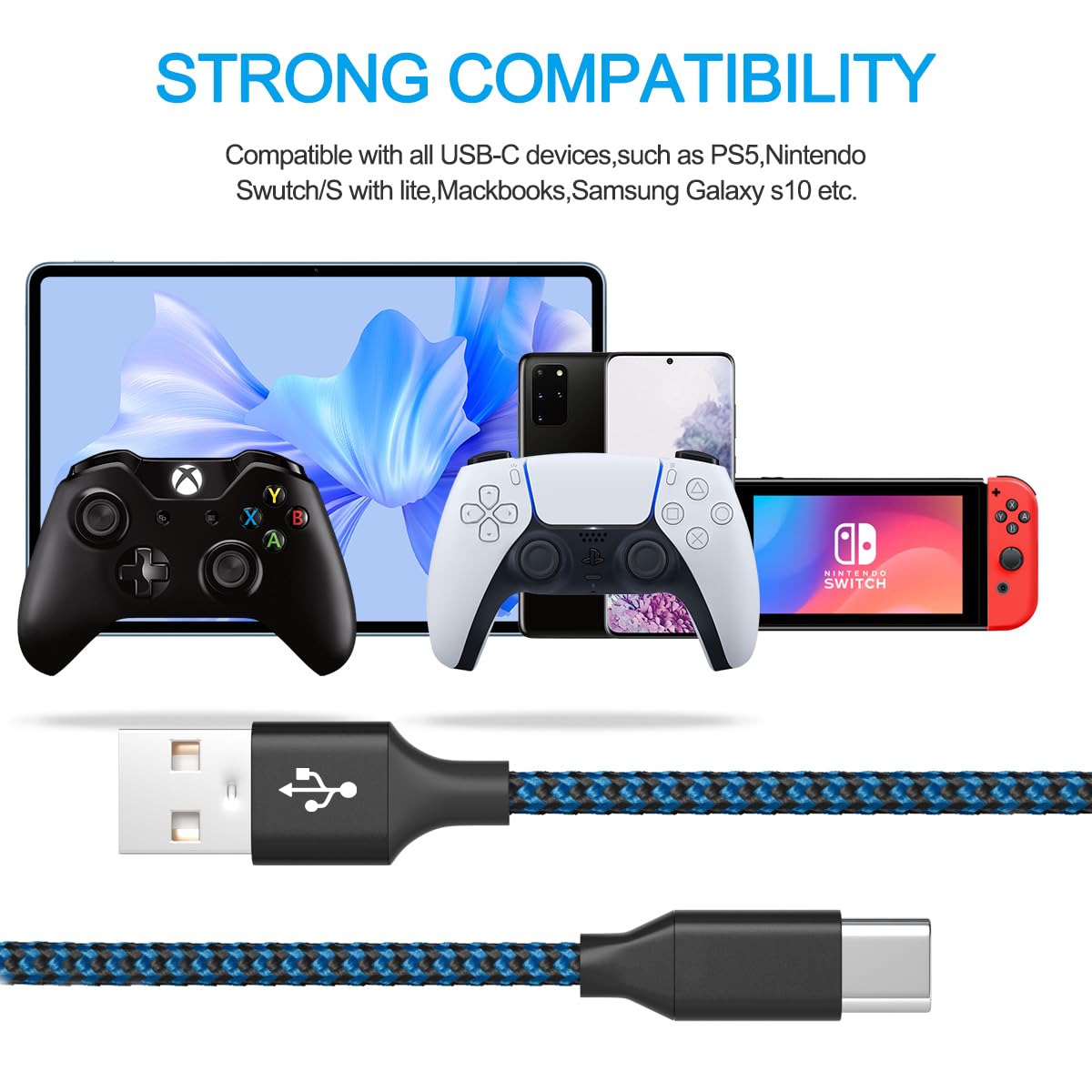 Premium USB-C Charging Cable for PS5 & Xbox Series X/S Controllers - 6ft Fast Charge & Data Sync Cord - Compatible with PlayStation 5 DualSense & Xbox Core Controller Accessories - Perfect for Gaming Sessions & Home Entertainment Setups