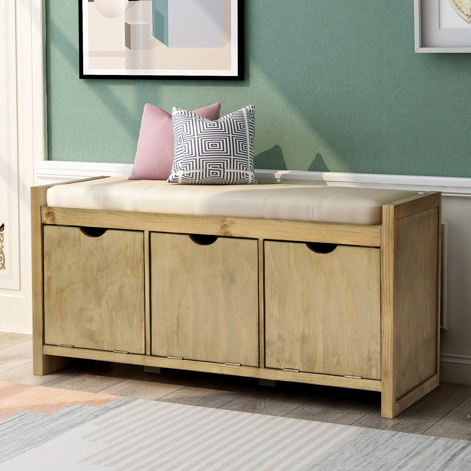 Storage Bench with Removable Cushion & 3 Flip-Lock Storage Cubbies - Entryway Bench for Living Room, Hallway, or Bedroom - Gray Wash Finish - Perfect for Organizing Shoes, Blankets & Home Decor