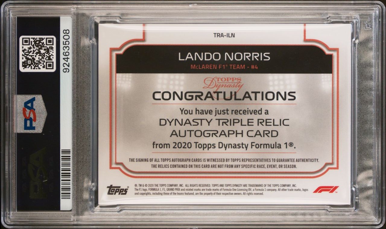 2020 Topps Dynasty F1 Lando Norris #4 Triple Patch Auto Card PSA 10 & 9 - Perfect for F1 Collectors, Racing Memorabilia Displays, and Sports Investment Portfolios