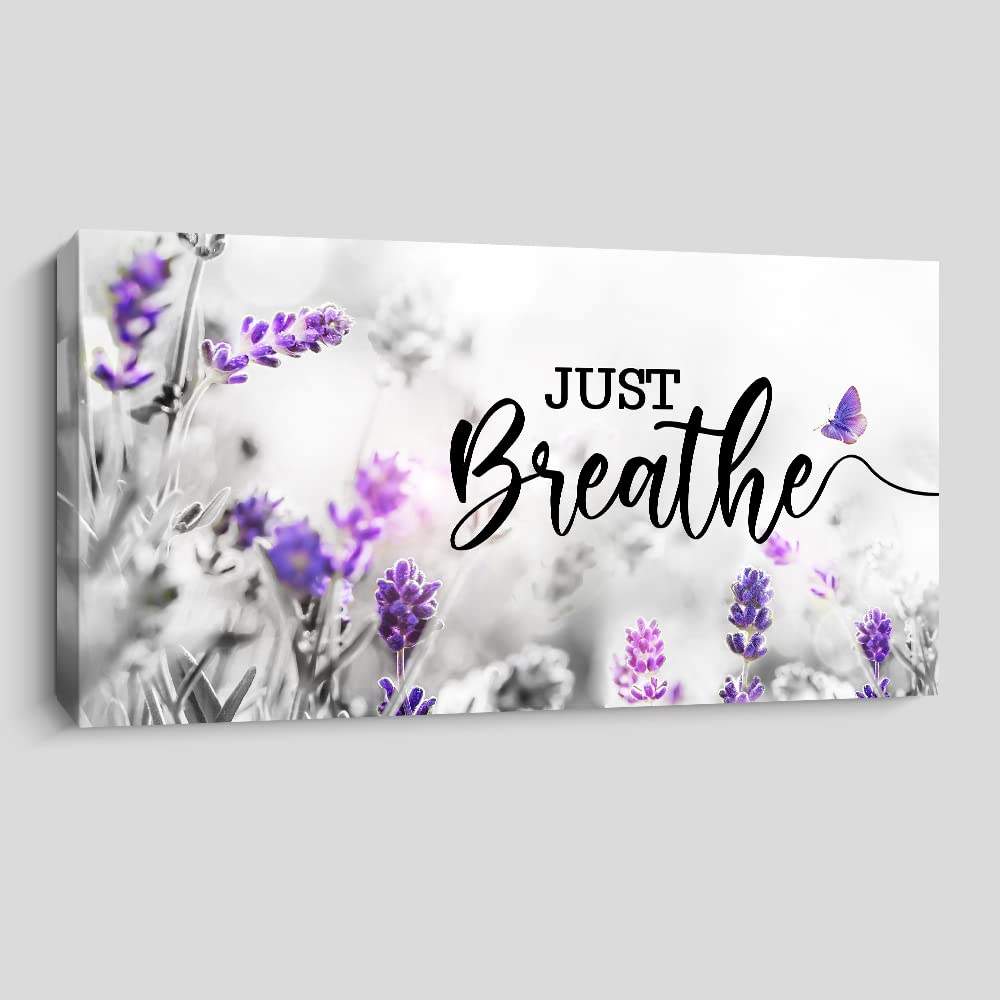 Creoate Just Breathe Purple Lavender Wall Art with Inspirational Quotes - Canvas Print for Bedroom & Home Decor - Perfect for Relaxing Spaces, Meditation Rooms and Gift Giving