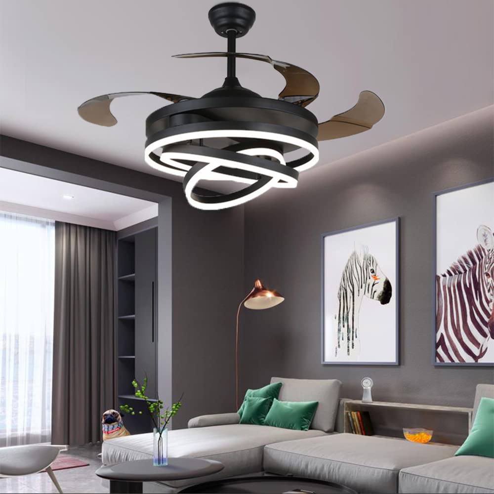 42 Inch Retractable Ceiling Fan with LED Light - Modern Smart Fan with Invisible Blades, 3 Color Temperatures & 6 Speeds - Ultra Quiet for Bedroom, Living Room, Dining Room - Perfect for Home Cooling and Stylish Lighting