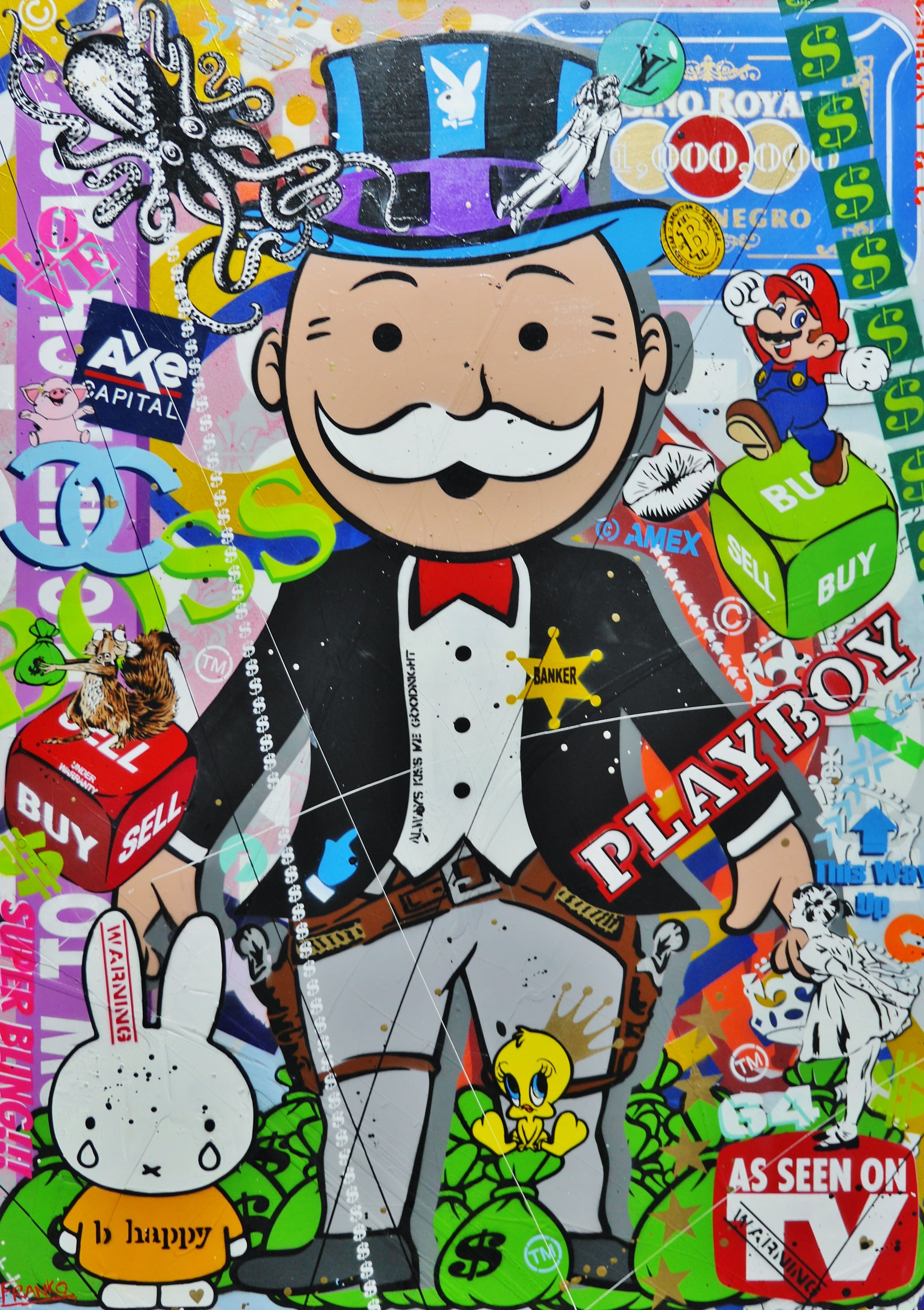 100cm x 140cm Monopoly Man Textured Urban Pop Art Spray Paint Canvas - Modern Wall Decor for Living Room, Office & Game Room