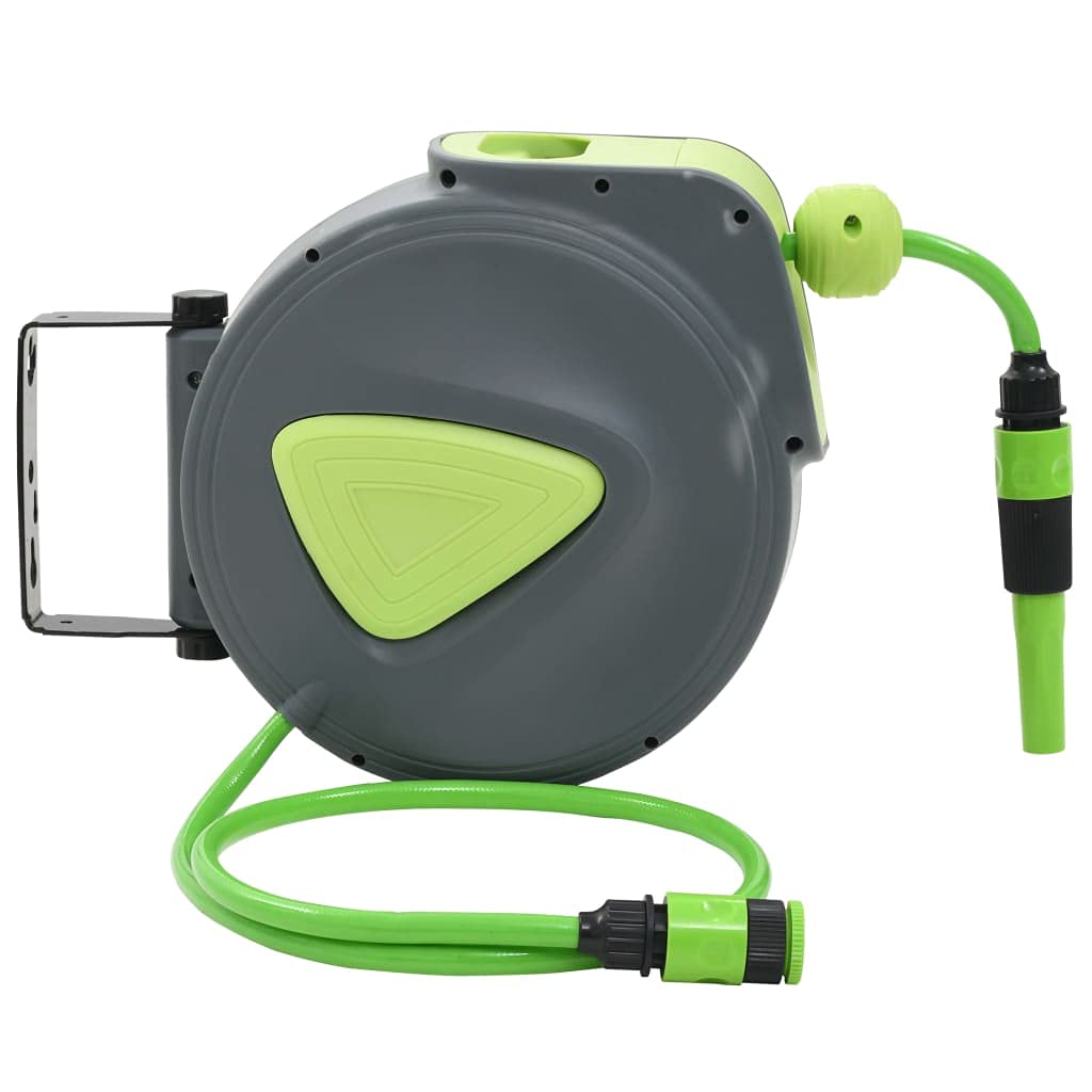 vidaXL Wall-Mounted Automatic Retractable Water Hose Reel - 32.8'+3.3' Long PVC Garden Hose with Adjustable Spray Nozzle & Auto-Winding Mechanism | High-Pressure Watering System | Durable Grey Green Hose Storage | Perfect for Lawn Care, Garden Irrigation & Outdoor Cleaning