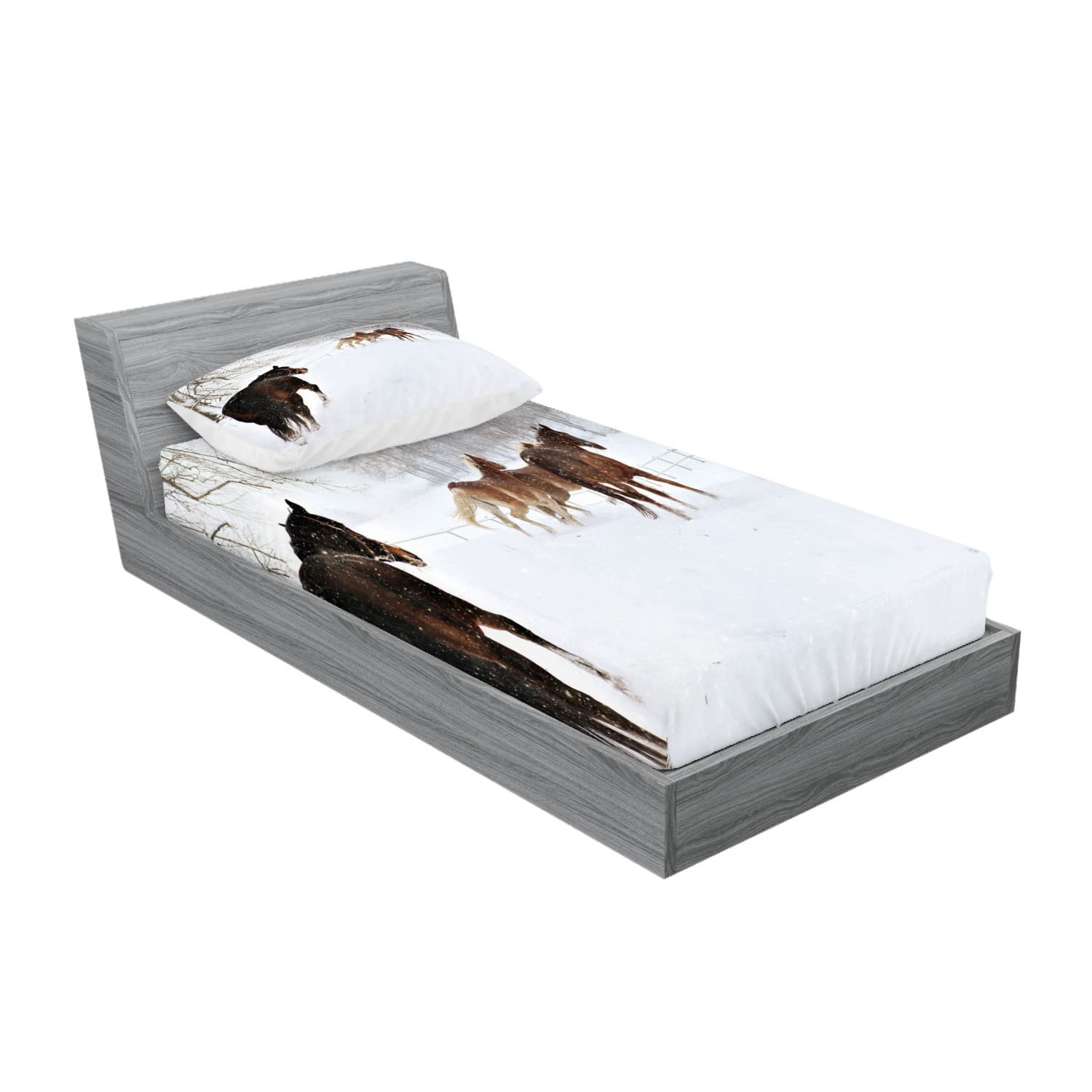 Ambesonne Winter 2-Pack Twin Fitted Sheet & Pillow Sham Set - Horses in Snowy Forest Design, 4-Piece Bedding Decor (Brown/White) - Cozy Cabin Retreat & Holiday Bedroom Upgrade
