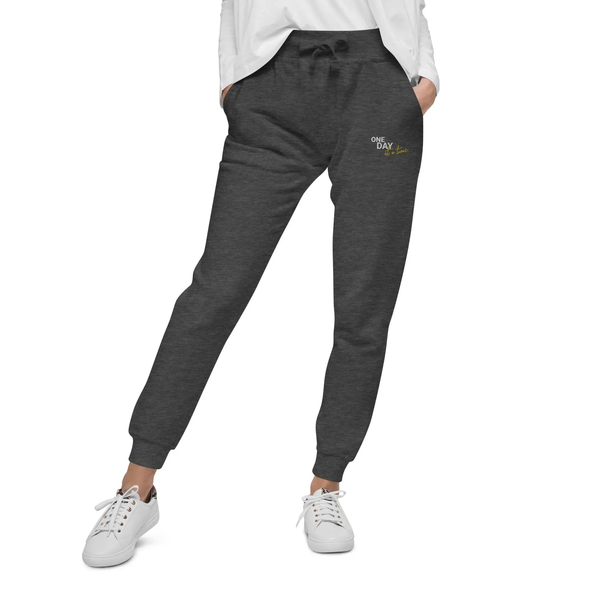 One Day At A Time Embroidered Unisex Fleece Sweatpants - Cozy Loungewear for Relaxing at Home, Yoga, and Casual Outings