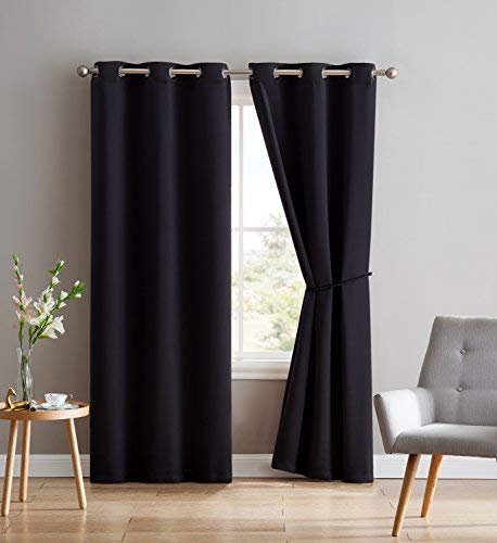 LinenZone 2 Panels Solid Blackout Curtains 84 Inch Long with Tie Backs - Thermal Insulated Drapes for Living Room & Bedroom, Noise Reducing & Light Blocking Window Treatments (38x84 Inches, Black) - Perfect for Home Theater, Nursery & Shift Workers
