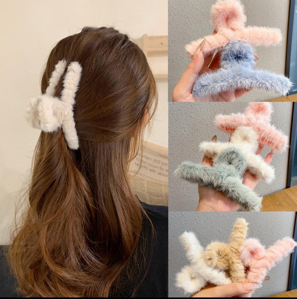 DCELLA Soft Faux Fleece Hair Claw Clips for Women & Girls - 3 Pack Large Hair Clutchers with Curve Design, Random Colors - Perfect for School, Work, Parties and Everyday Hairstyles