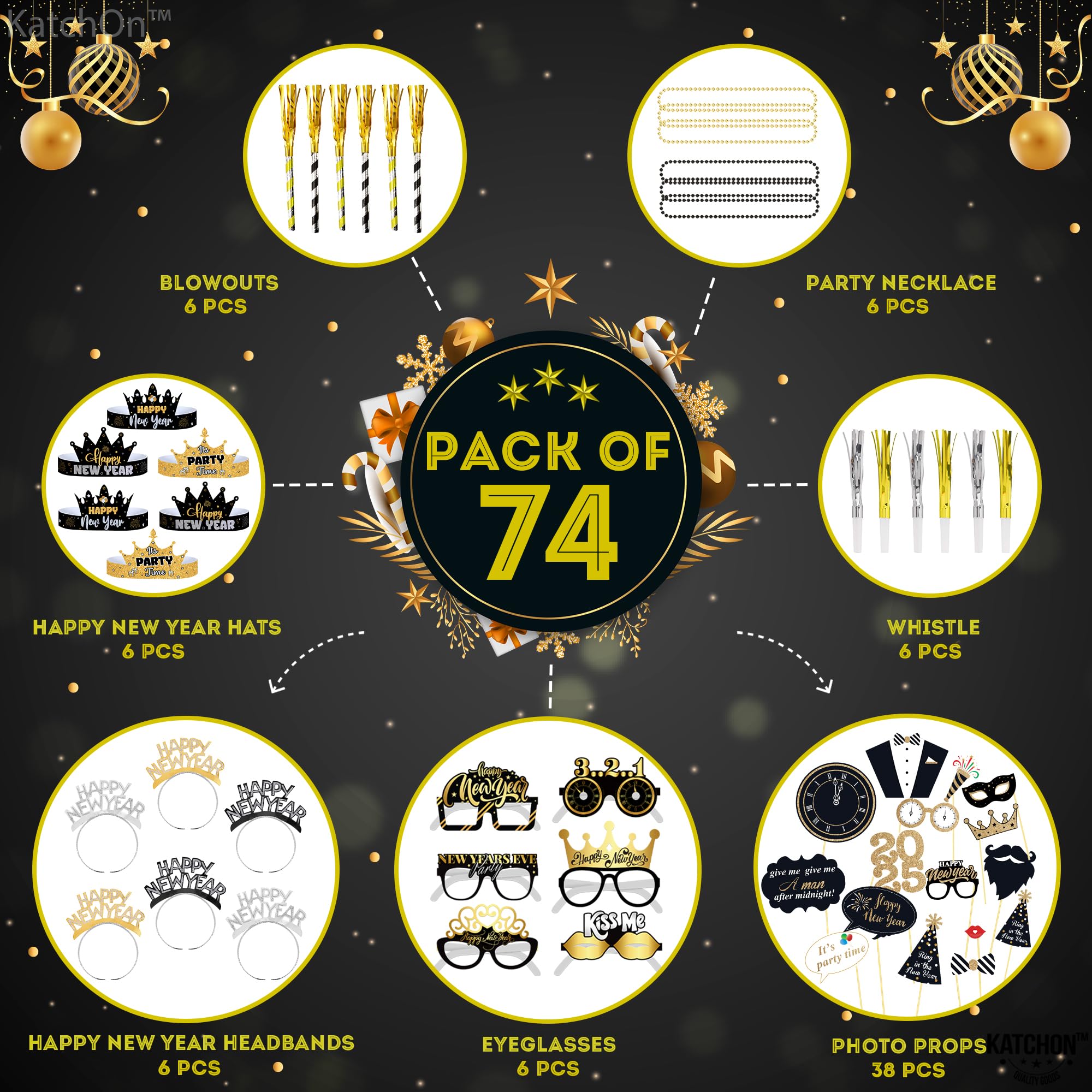KatchOn 2025 New Year's Eve Party Supplies Set - 74-Piece Kit with Photo Props, Hats, Headbands & Glasses | NYE Decorations & Accessories for Countdown Celebrations, Ball Drops & New Year Parties