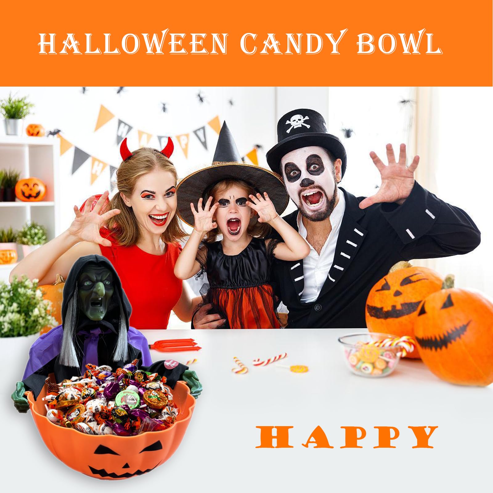 Halloween Animated Skeleton Candy Bowl with Motion Sensor - Screaming Witch Candy Dish with LED Red Eyes & Spooky Sounds | Perfect for Trick-or-Treating, Haunted House Parties & Scary Halloween Decorations