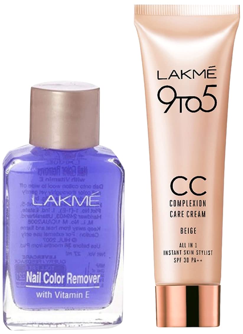 Lakmé Nail Polish Remover 27ml & Lakme 9 to 5 CC Cream Mini 01 Beige - Lightweight Natural Coverage Face Makeup with SPF 30 (9g) | Perfect for Quick Nail Care & Everyday Natural Makeup Look