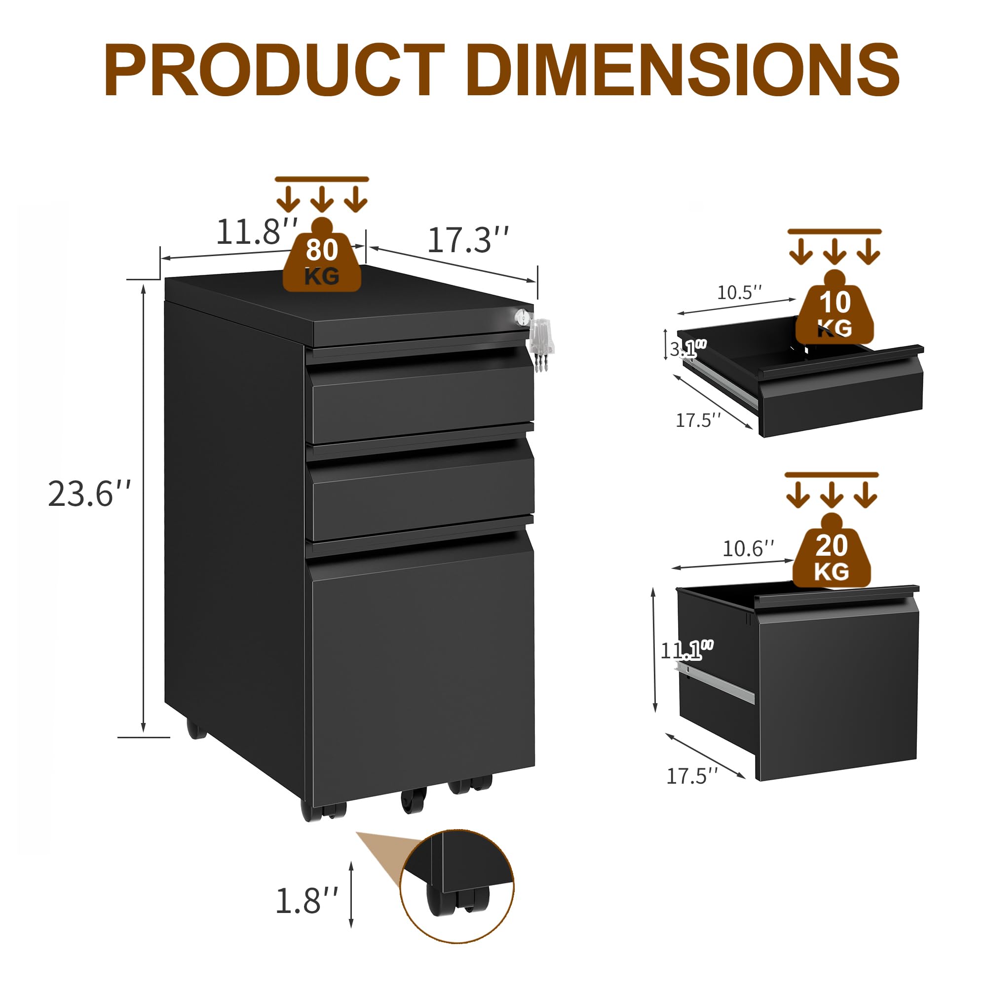 3-Drawer Slim Metal File Cabinet with Lock - Mobile Office Storage for A4, Letter & Legal Folders - Fully Assembled Black Filing Cabinet for Home & Office Organization