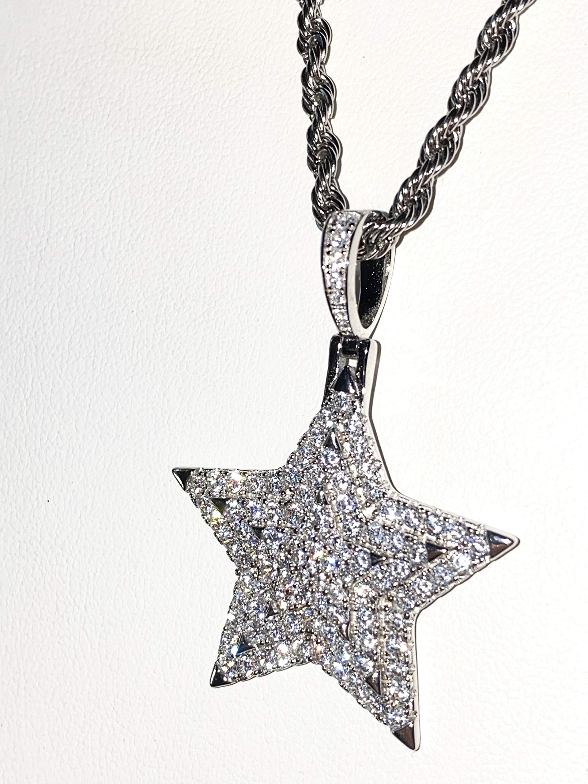 925 Sterling Silver Iced Out Pendant Necklace for Men & Women - Italian White Gold Finish Stainless Steel Rope Chain (16