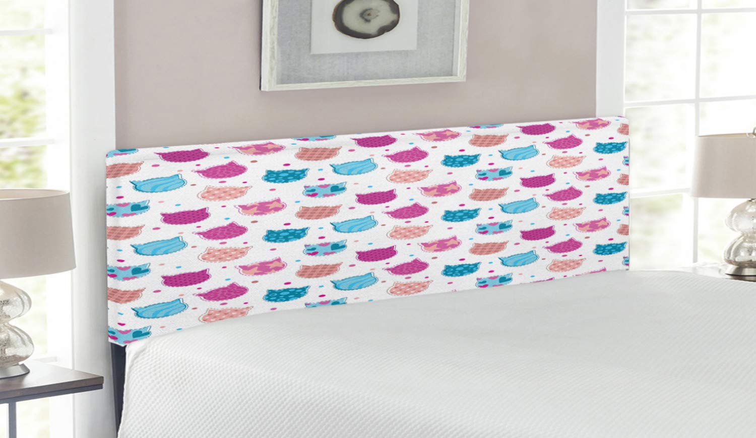 Lunarable Cat Headboard - Girly Patchwork Kitten Design Upholstered Metal Bed Frame with Memory Foam, Queen Size in Hot Pink & Blue | Perfect for Girls' Bedroom, Teen Room Decor & Pet Lover Gifts