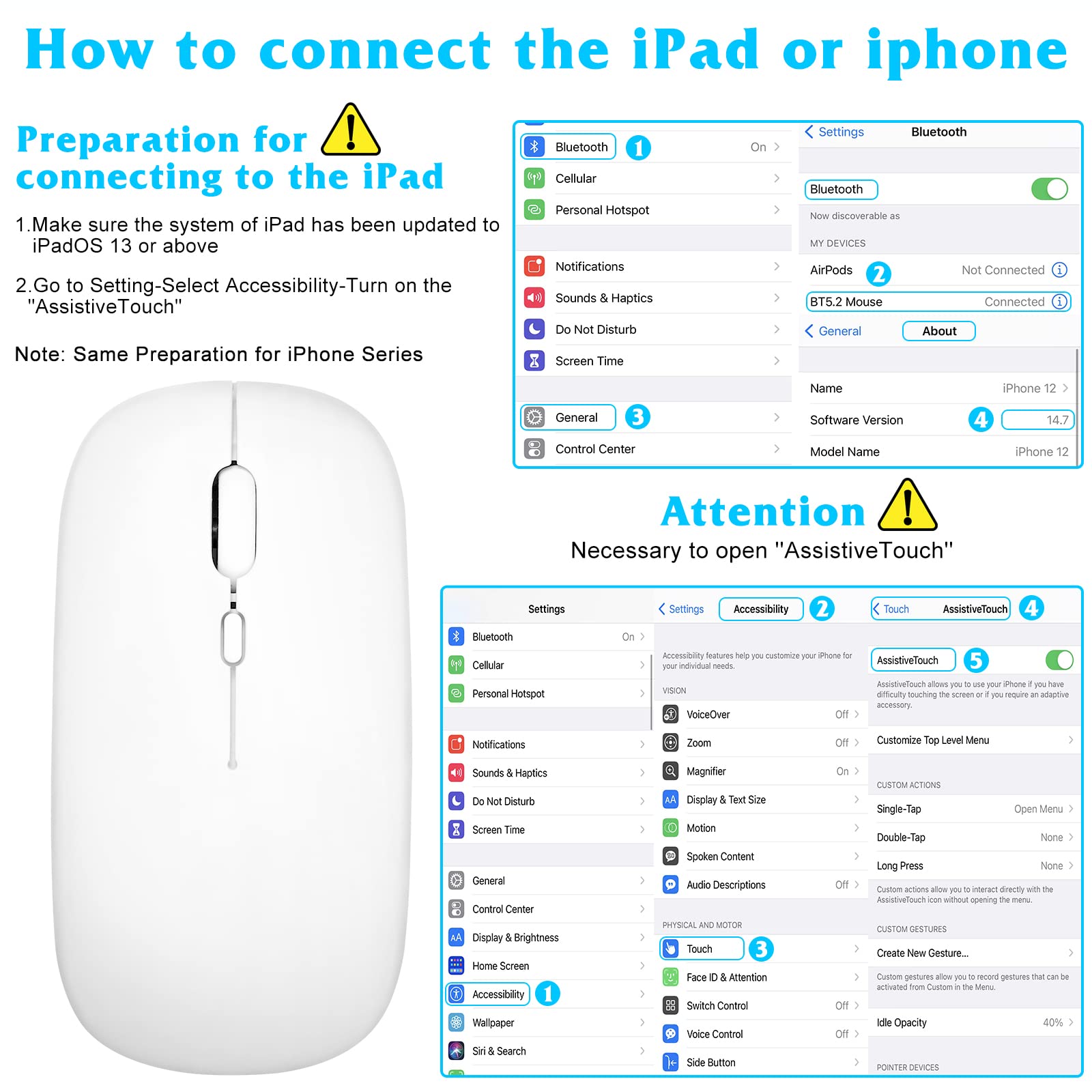 UrbanX Bluetooth Rechargeable Wireless Mouse for Laptop/PC/Mac/iPad Pro/Tablet/Android - Pure White, Perfect for Office, Home, and Travel Use
