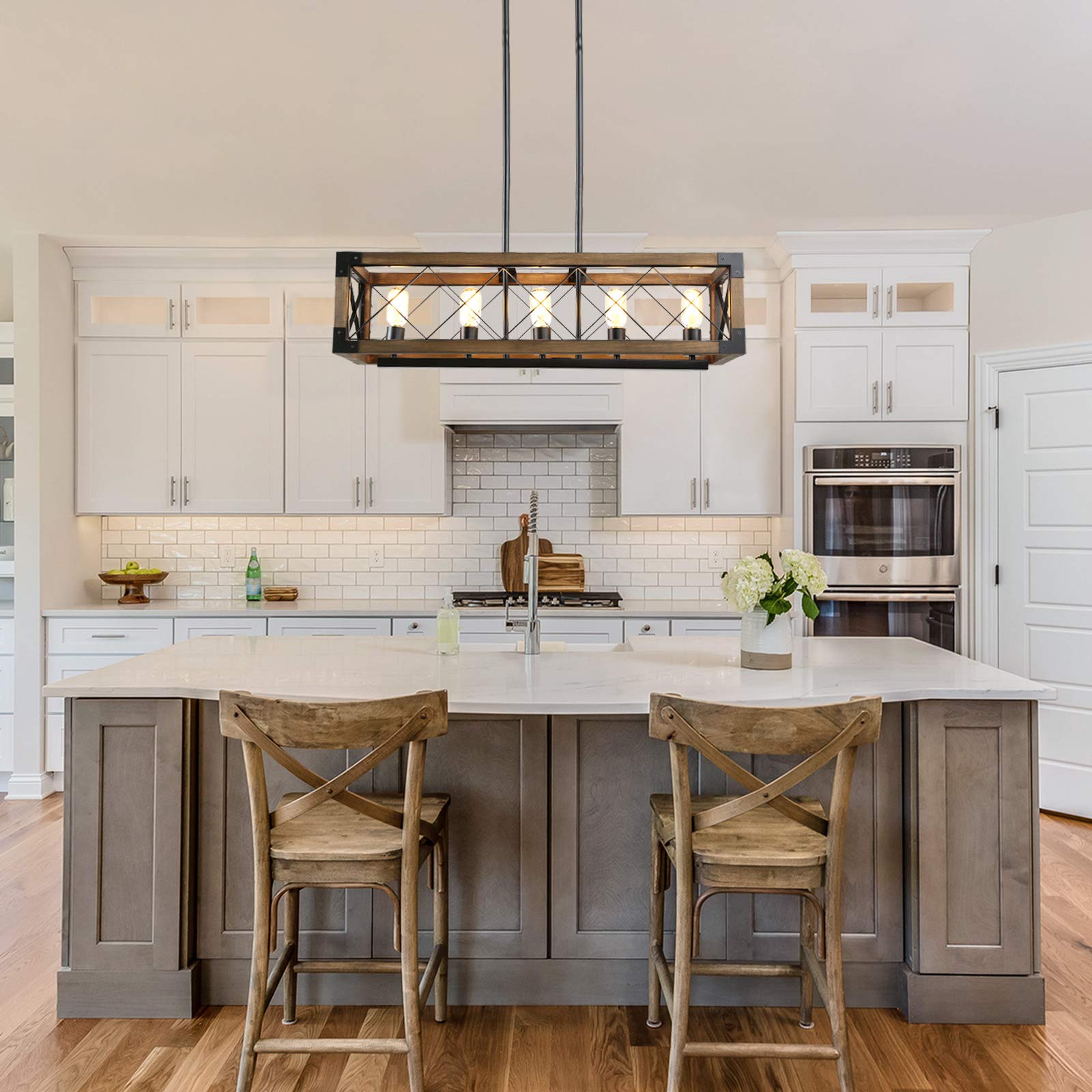 Farmhouse Chandelier - 5-Light Rectangular Rustic Wood Ceiling Light Fixture for Dining Room, Kitchen Island, Living Room - 31.5 Inch Length - Perfect for Country Style Home Decor & Modern Farmhouse Lighting
