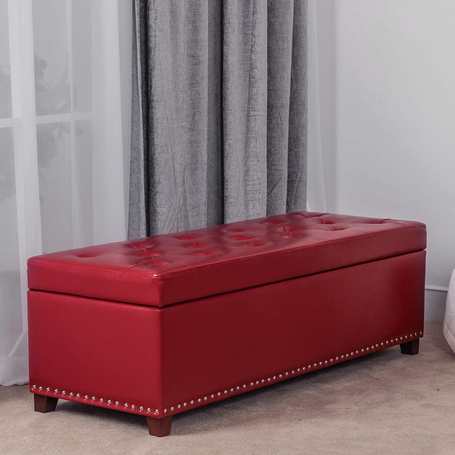 Edeco Rectangular Storage Ottoman Bench - Foldable Toy Box with Hidden Storage, Foot Rest for Bedroom & Living Room - Red | Perfect for Small Space Organization, Kids Room & Home Decor