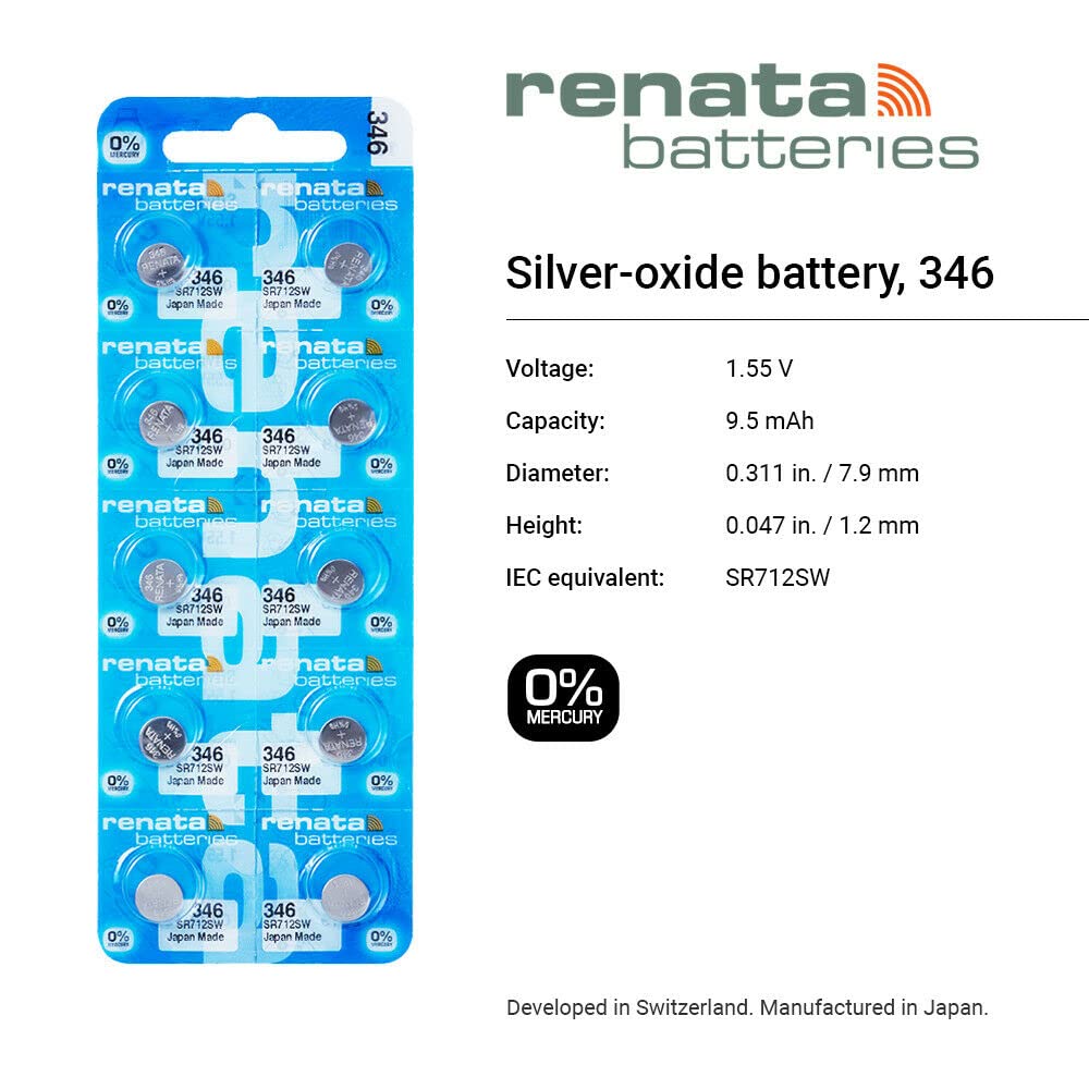Renata 346 SR712SW 1.55V Silver Oxide Watch Batteries - 10 Pack for Watches, Calculators & Small Electronics - Long-Lasting Power Supply