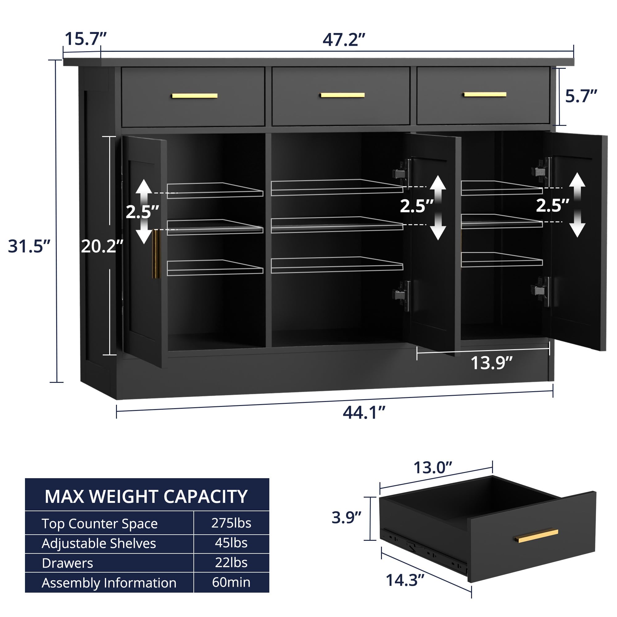 **Black 3-Door Wood Buffet Cabinet with Storage - Sideboard Kitchen Storage, Coffee Bar Console Table for Living Room, Dining Room & Entryway | Large Accent Cabinet with Drawers for Home Decor & Entertaining**