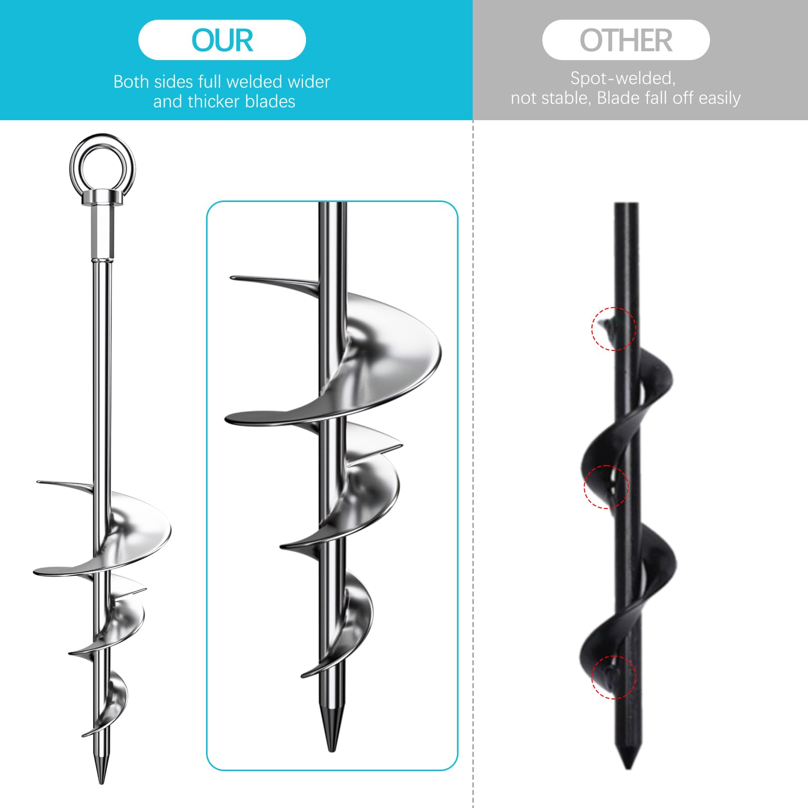 Heavy Duty 18'' Fully Welded Screw-in Ground Anchors - Chrome Plated Anti-Rust Swing Set Anchors with Straps for Dogs, Trampolines & Outdoor Equipment - Wind Resistant for Backyard, Playground & Garden Use
