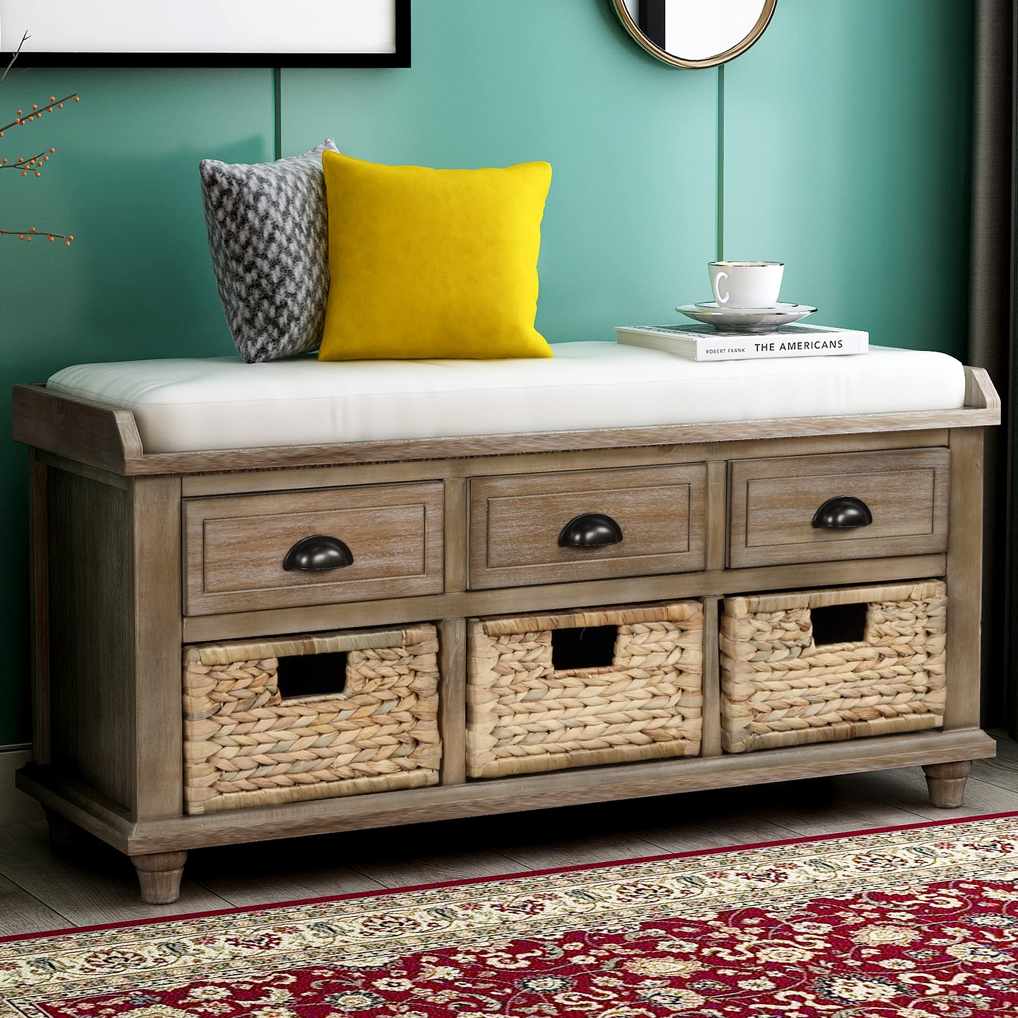 Rustic White Washed Wood Entryway Bench with Storage - 3 Drawers & 3 Rattan Baskets, Removable Cushion - Perfect for Bedroom, Living Room, Hallway & Entryway Organization