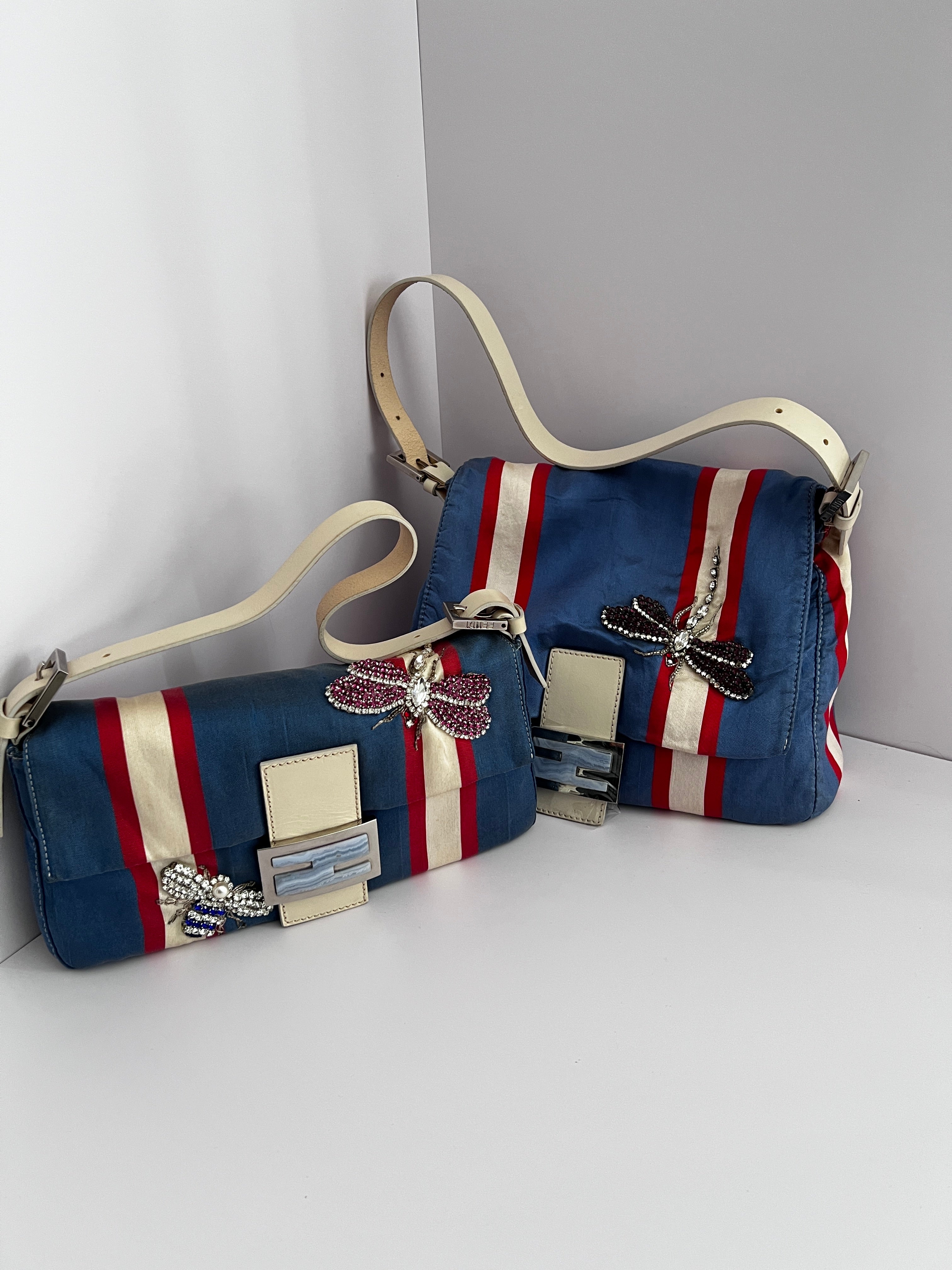 Vintage Fendi Striped Baguette Bag with Insect Motif - Stylish Crossbody Purse for Women, Perfect for Parties, Dates & Everyday Fashion