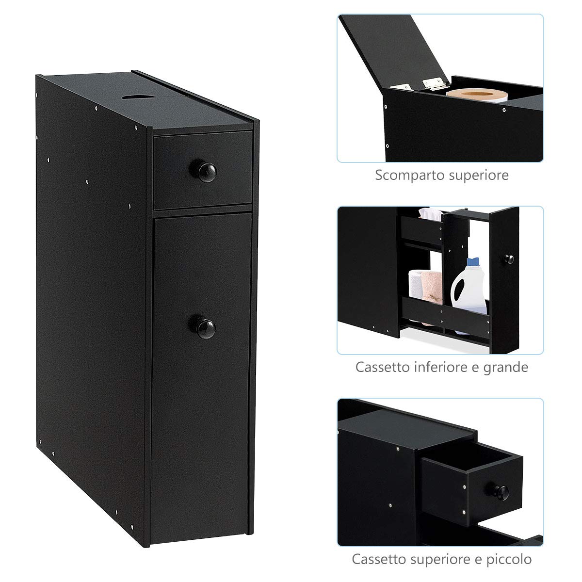 Slim Bathroom Storage Cabinet - Narrow Toilet Paper & Essentials Organizer for Small Spaces, Modern Bathroom Counter Cabinet & Nightstand for Bedroom, Living Room, Office - Space-Saving Storage Solution (Black) | Perfect for Apartments, Dorms & Compact Bathrooms