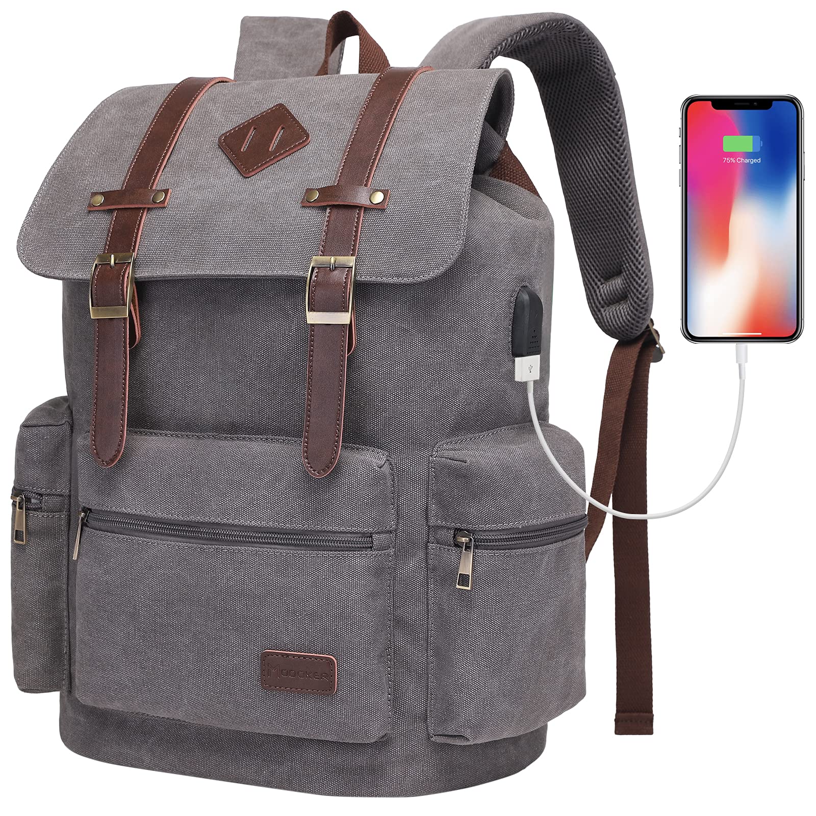 Modoker Vintage 17 Inch Canvas Backpack for Men & Women - USB Charging Laptop Backpack Fits 15-17 Inch Computer & Tablet, Waterproof Travel Backpack for Work, School, College, Hiking & Daily Use (Grey)