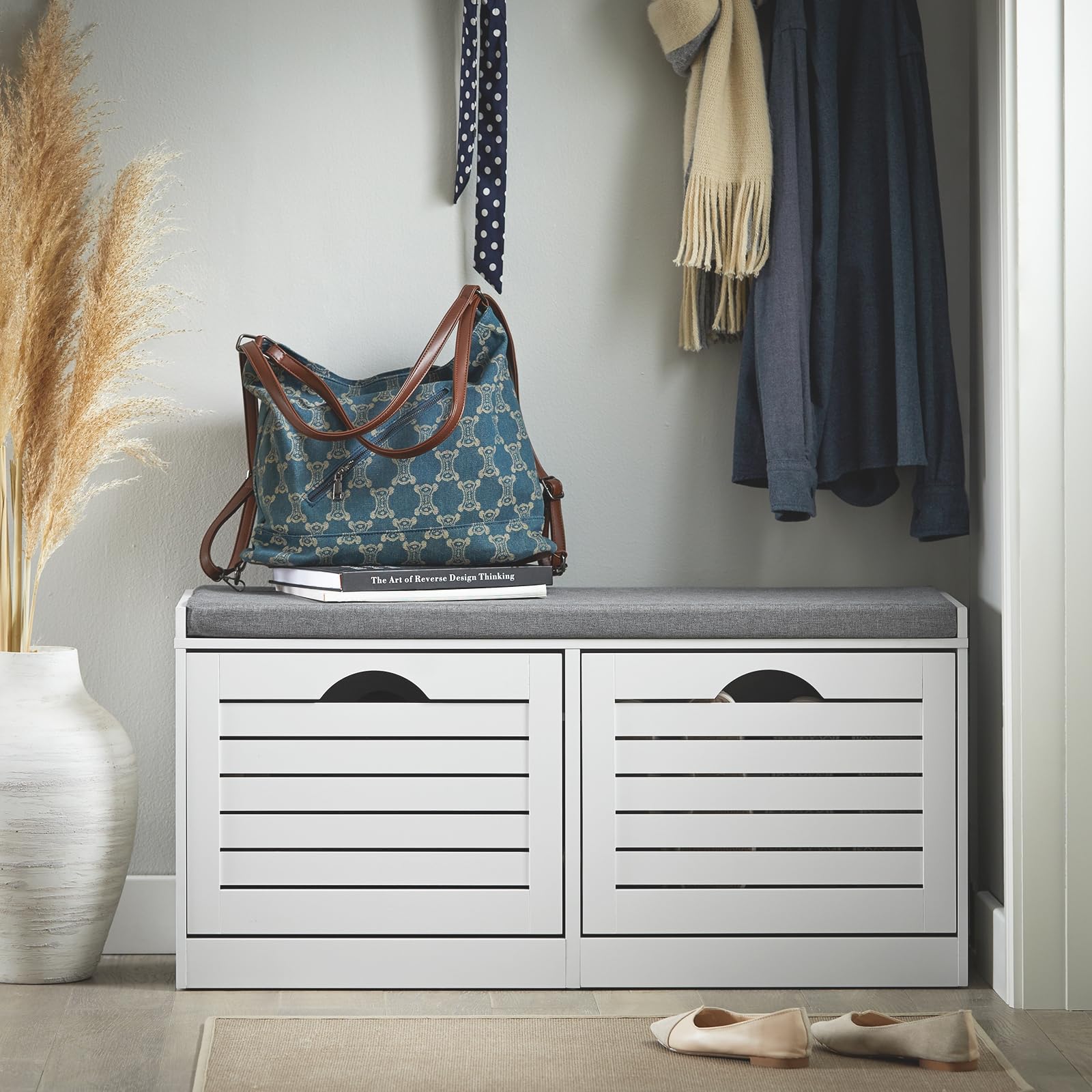 White Shoe Storage Bench with 2 Drawers & Padded Seat Cushion - Narrow Entryway Shoe Cabinet for Hallway, Mudroom & Window Seat - Perfect for Organizing Shoes, Hats & Seasonal Items by the Front Door