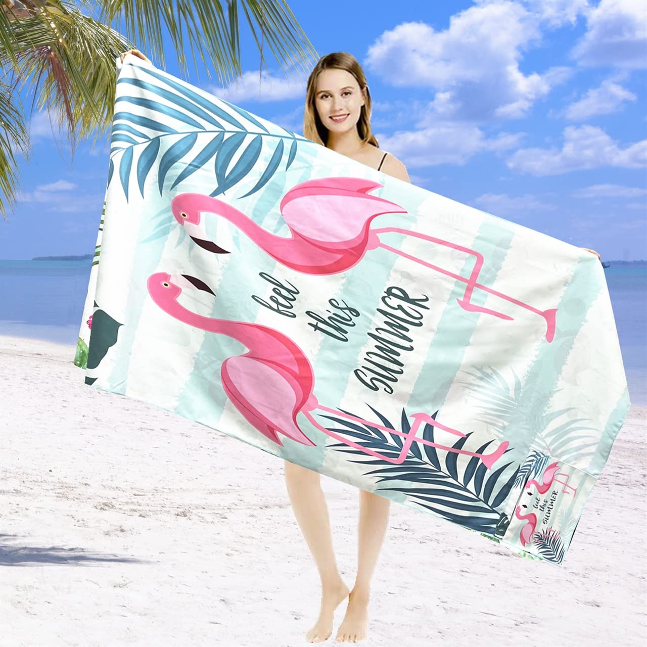 Premium Oversized Microfiber Beach Towel - Super Absorbent, Quick Dry & Sand Free - Cute Flamingo Design for Kids, Men & Women - Includes Zipper Pocket Travel Bag - Perfect for Swimming, Sunbathing & Travel