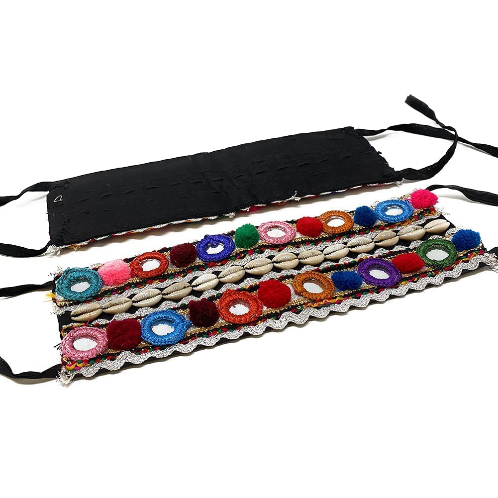 Kuchi Kurd Baloch Tribal Women's Boot Anklet Cuff Set - Colorful Embroidered Fabric with Beads, Coins, Mirrors & Shells (11x5 Inch) | Boho Jewelry for Belly Dance, Festival, Beach Party & Travel Accessories