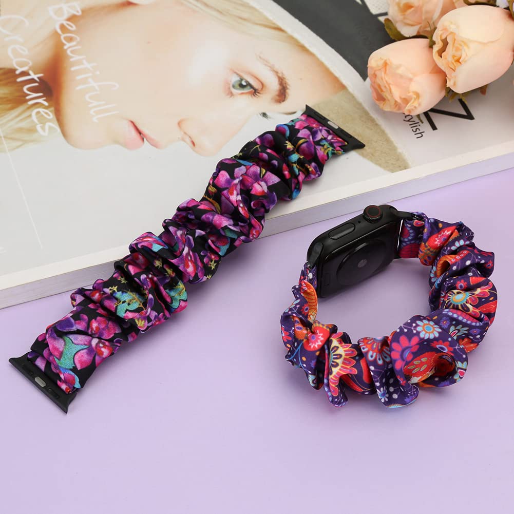 Tiptops 3-Pack Apple Watch Bands for Women - Soft Fabric Scrunchies Wristbands Compatible with iWatch Ultra 2, Series 10/9/8/7/6/5/4/3/2/1/SE (38mm-49mm) - Stylish Printed Elastic Straps for Workouts, Running & Everyday Wear