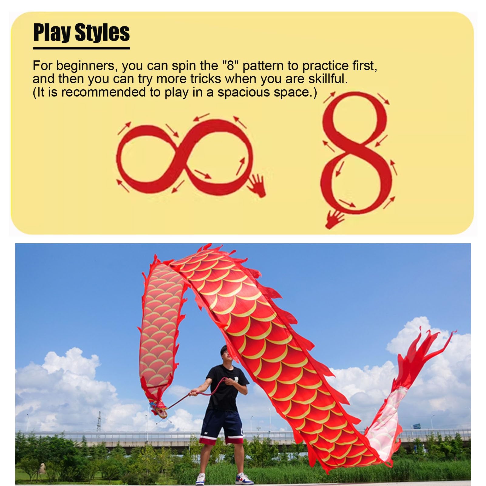 LED Dragon Poi - Illuminated Dragon Dance Ribbon Streamer with Light, 20ft Wu Long Dragon Flinging Ribbons for Outdoor Sports & Fitness Performance - Perfect for Fire Dancing, Flow Arts, Festivals & Night Performances (Red)