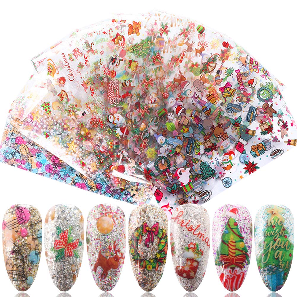 Christmas Nail Art Stickers - 10 Sheets Holographic Snowflakes Snowman Tree Deer Nail Foil Transfers for Winter Holiday Nail Decorations | Perfect for Christmas Parties, Gift Wrapping & DIY Nail Designs