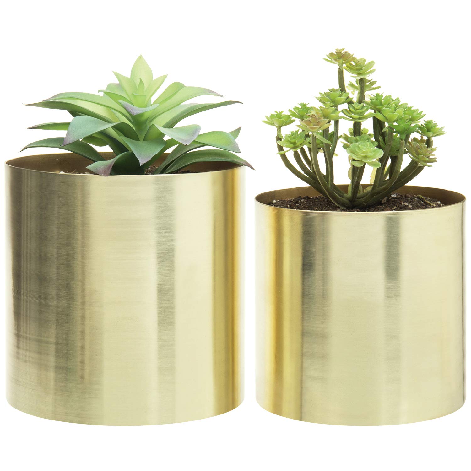 MyGift Modern Brushed Brass Plated Indoor Plant Pots - Set of 2 Cylindrical Metal Vases (5 & 6 Inch) - Handcrafted in India - Perfect for Home Decor, Office Plants & Succulent Arrangements