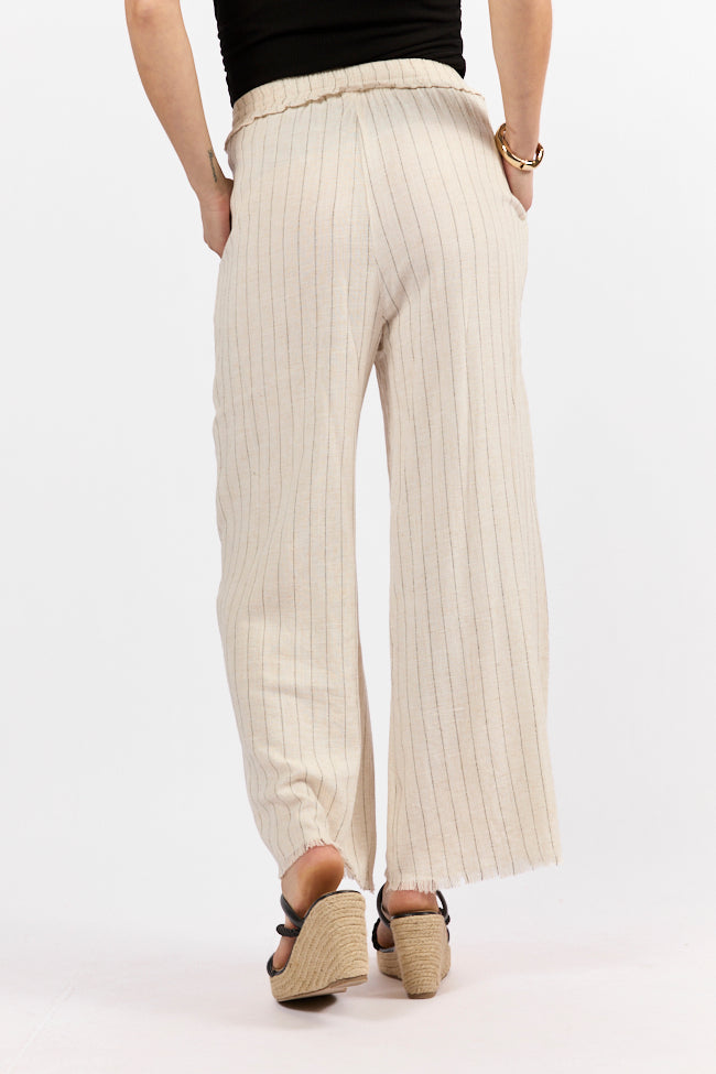 Full Sail Beige Linen Blend Striped Pants for Women - Comfortable Summer Casual Trousers with Elastic Waist - Perfect for Beach, Vacation & Everyday Wear