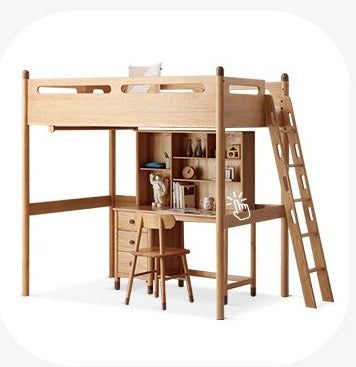 Solid Oak Wood Loft Bed with Storage Cabinet - Space-Saving Furniture for Small Rooms, Kids Bedroom & Dormitory
