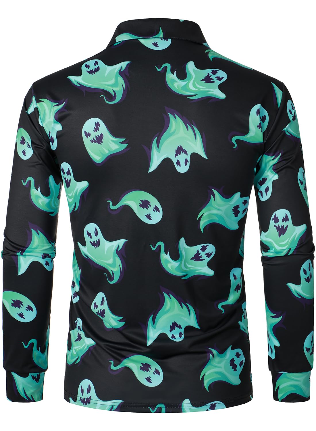 Men's Halloween Horror Ghost Printed Long Sleeve Polo Shirt - Spooky Crew Neck Costume T-Shirt for Halloween Parties, Cosplay & Horror Theme Events